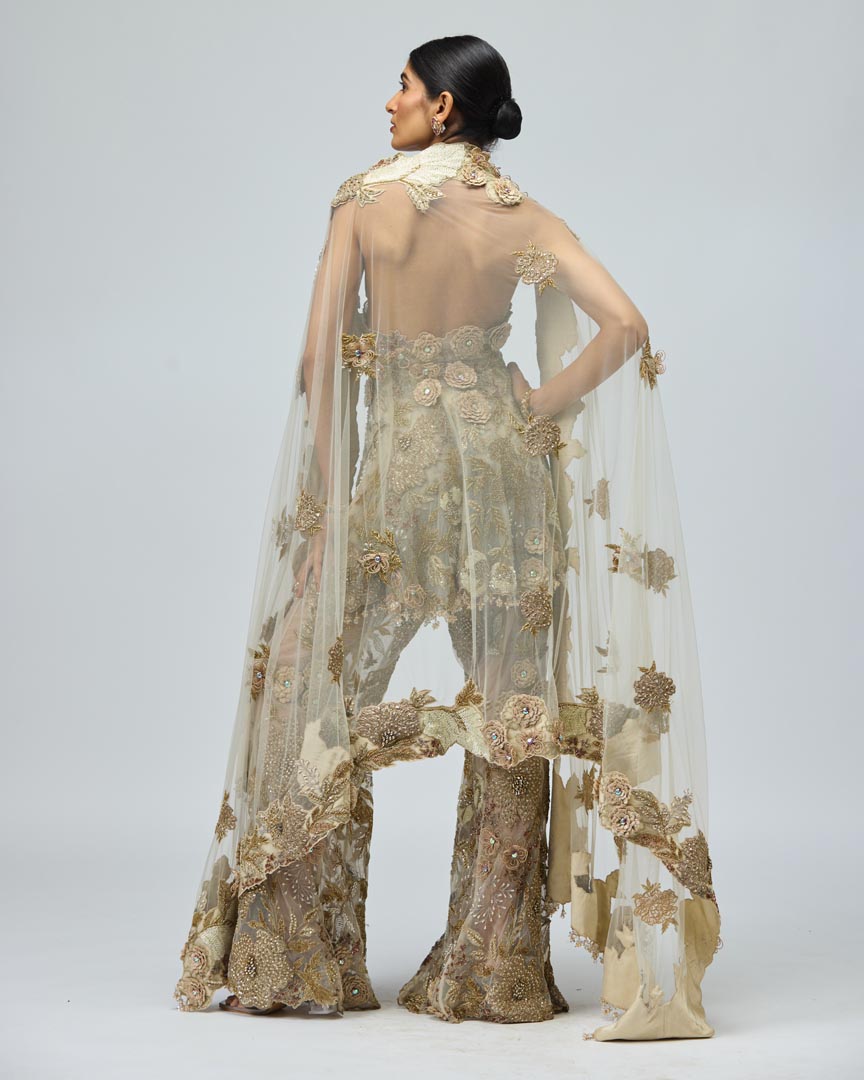 Gold Patchwork Sharara Set in Beige with 3D Floral Detailing
