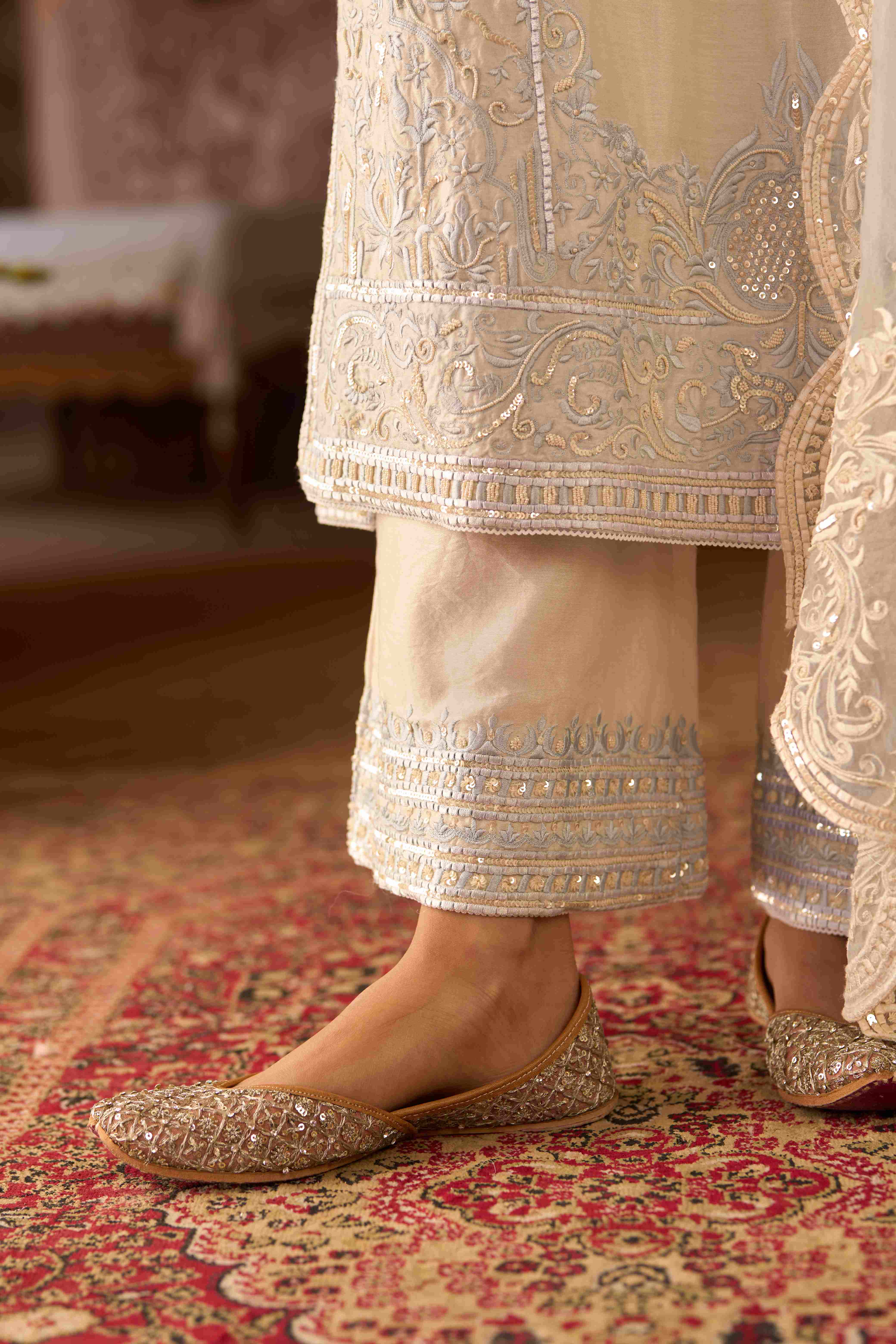 ENA - DAISY IVORY WITH BLUE LONG A-LINE KURTA WITH PALAZZO AND DUPATTA
