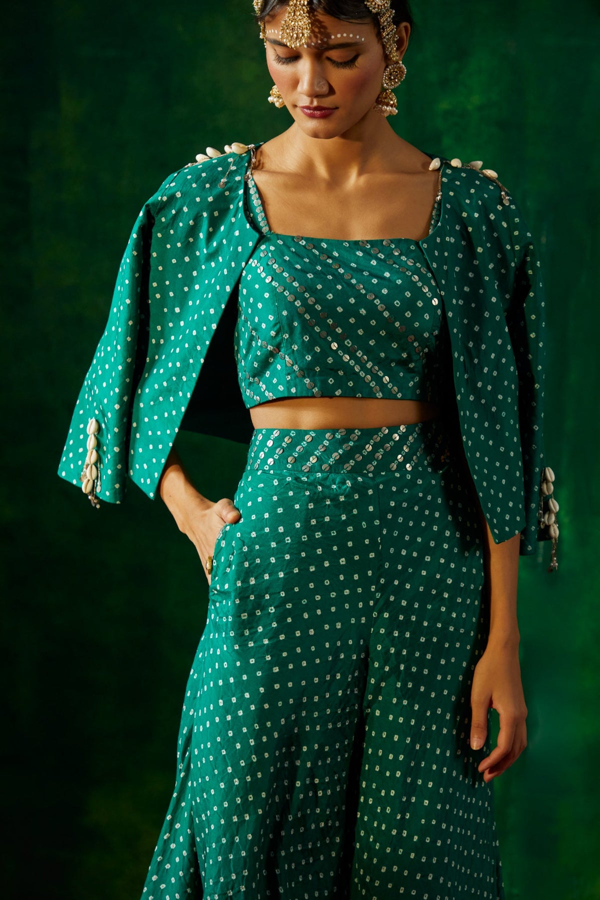 Short Bandhni blazer with bustier and flared pants