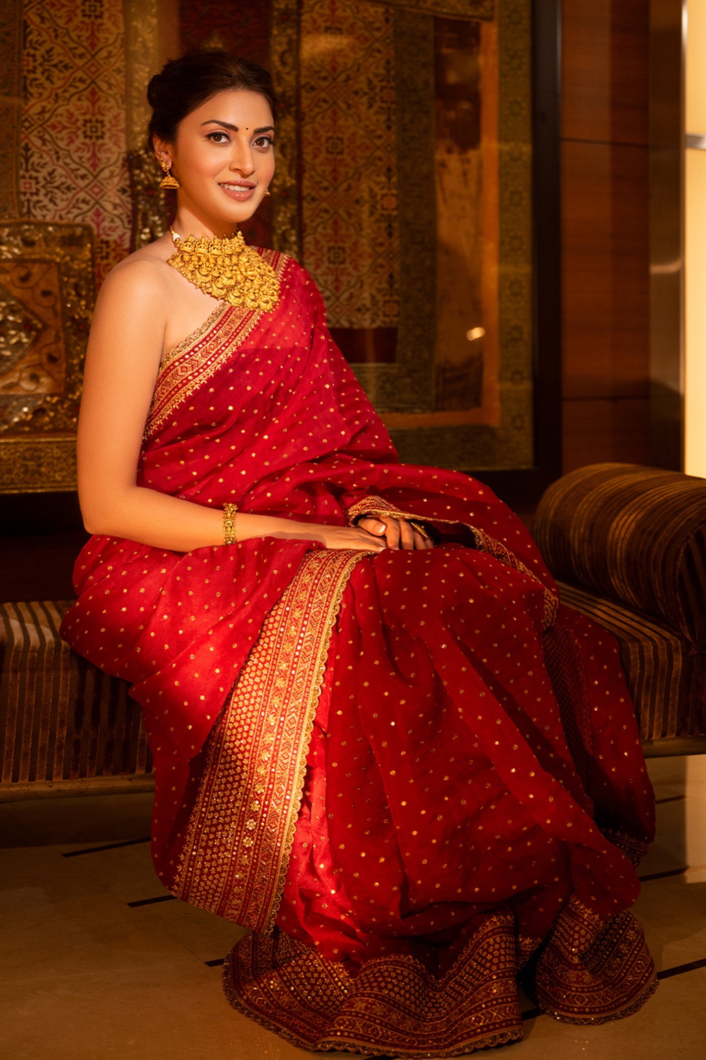 Hand-Embroidered Maroon-Red Pure Silk-Organza Saree-Blouse Set
