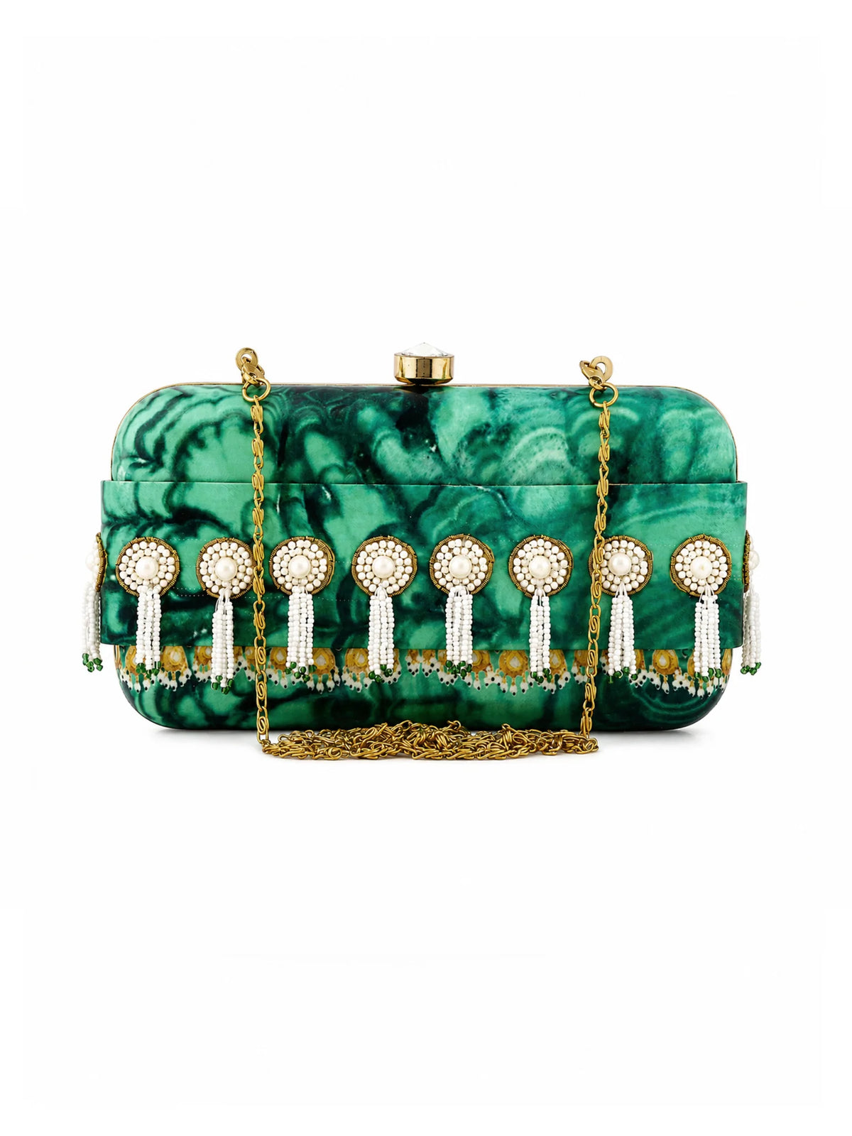 Green Jade Print Clutch Bag with Pearl Tassel Embellishment