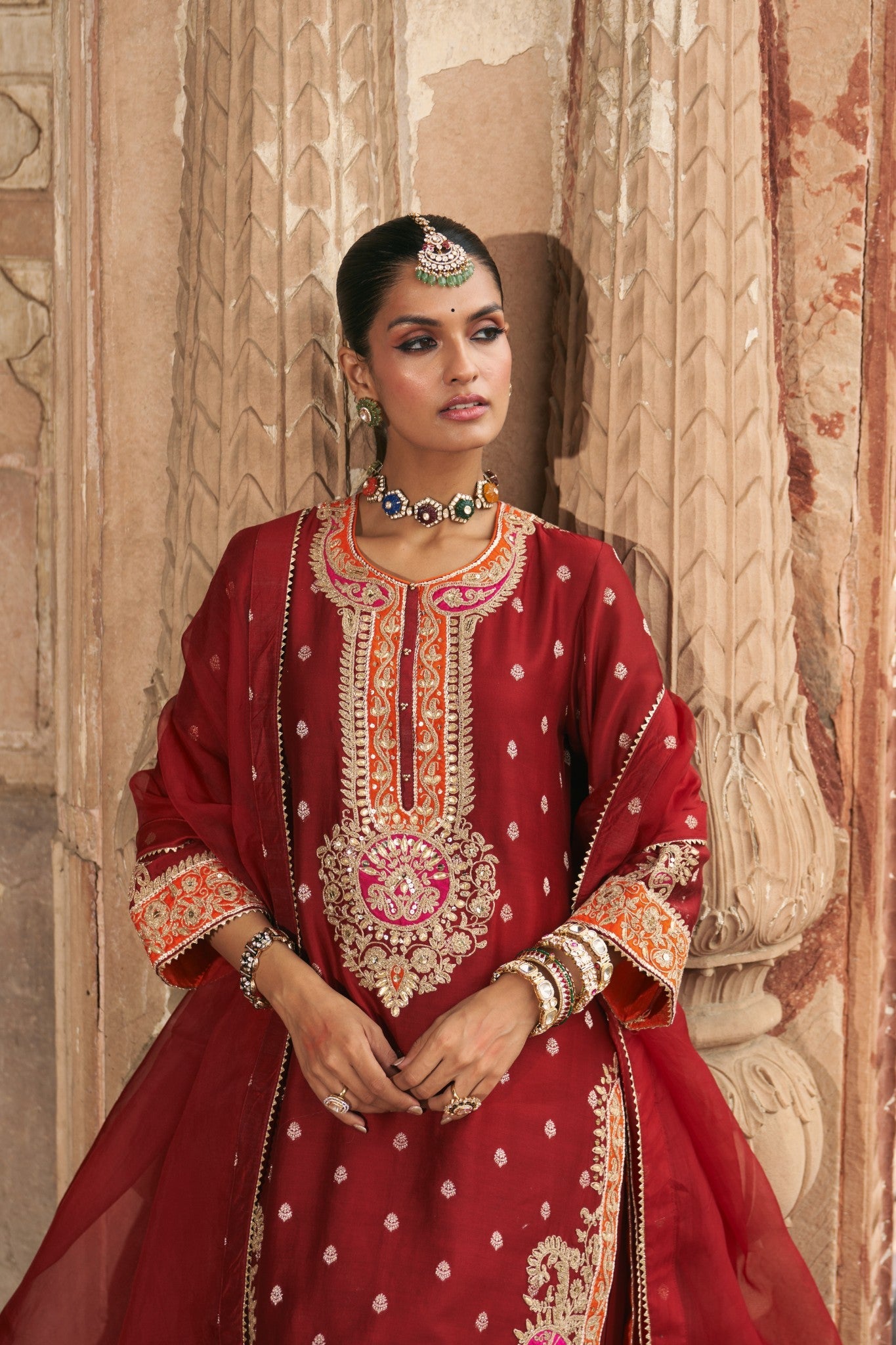 ANILA - DEEP RED SHORT KURTA WITH SALWAR