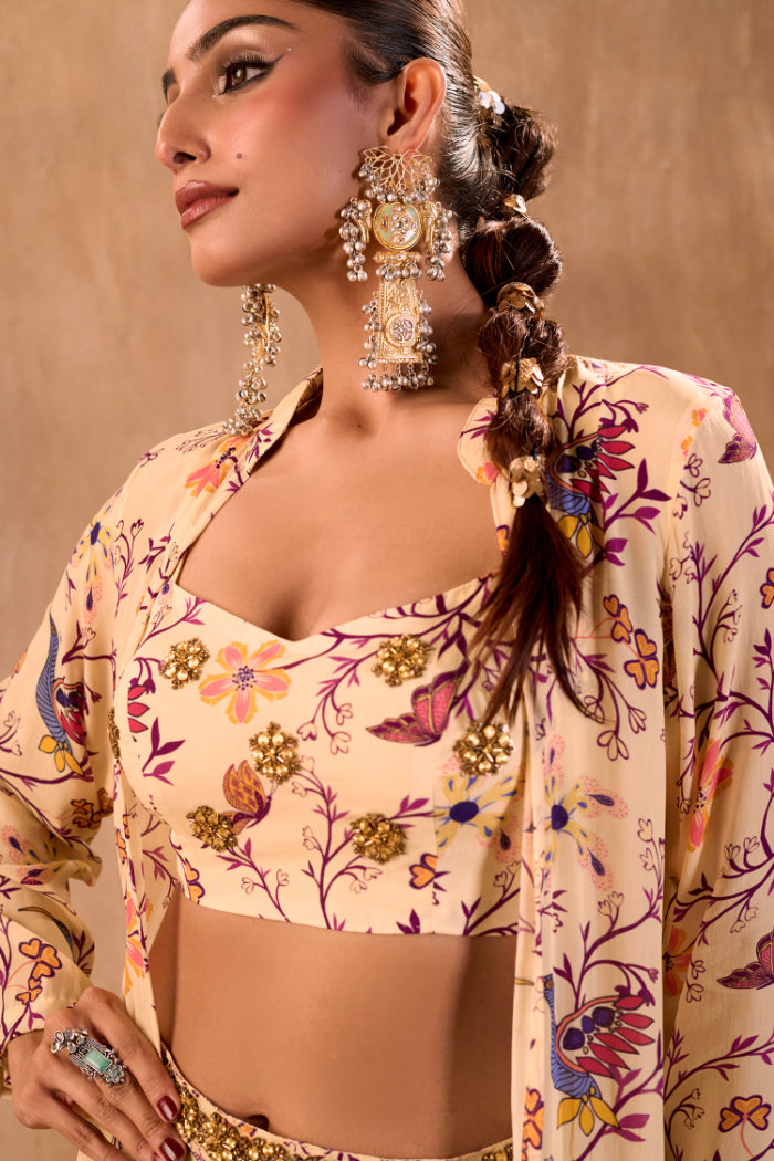 IVORY PRINT EMBROIDERED CHOLI, DRAPED SKIRT AND JACKET SET - image 5