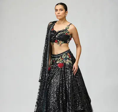 Black Sequin Lehenga Set with 3D Embroidery & Draped Blouse