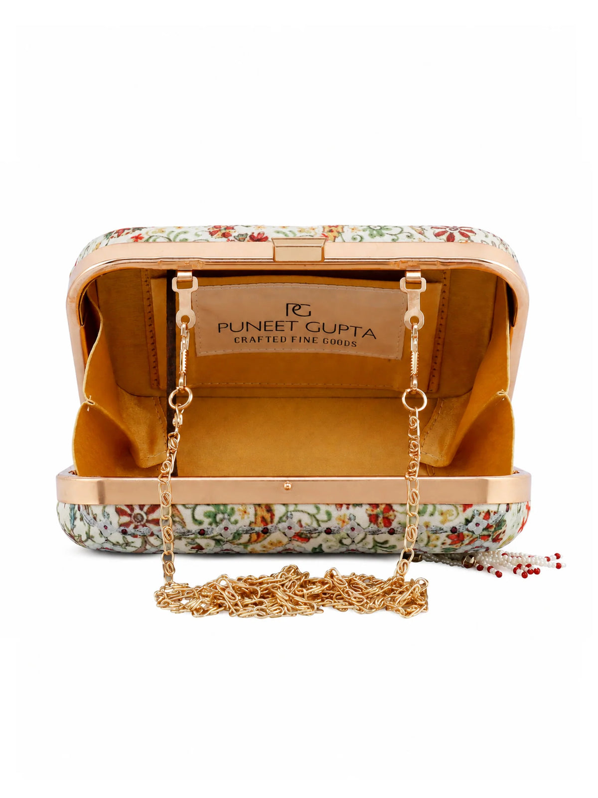 Ivory Floral Print Jewel Clutch Bag with Pearl Tassel