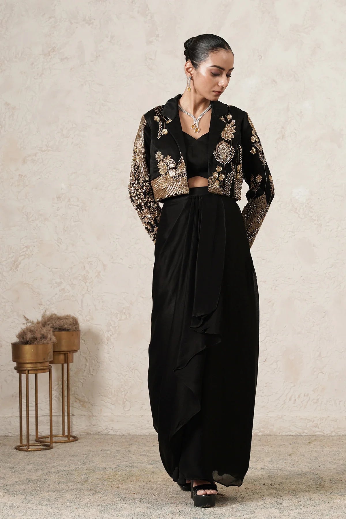 Raat Dhoti Saree Set with Hand-Embroidered Cropped Jacket | Black & Antique Gold | Women | THETAA