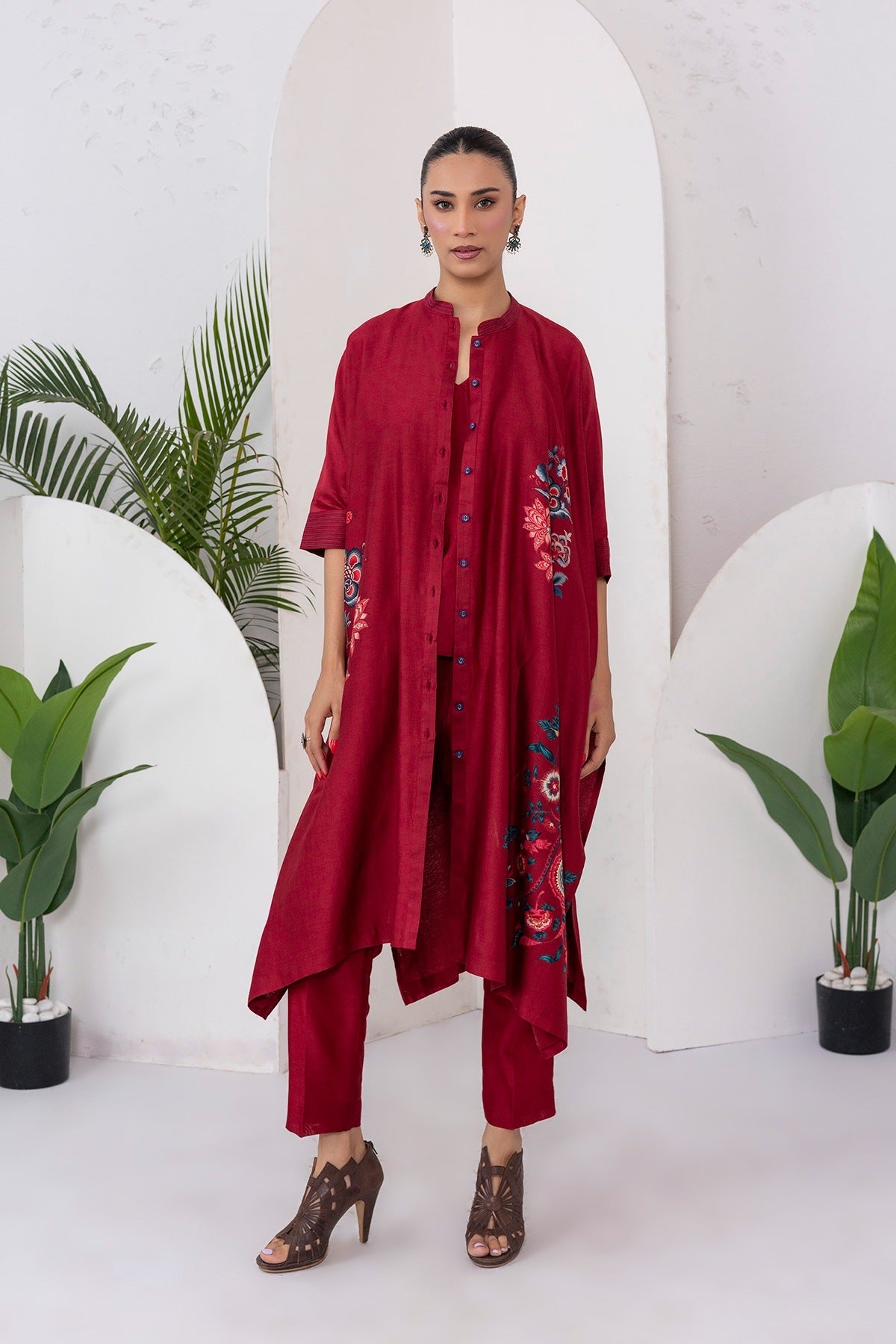 Maroon Silk Chanderi Printed Kaftan Style Dress Set (3 PCS)