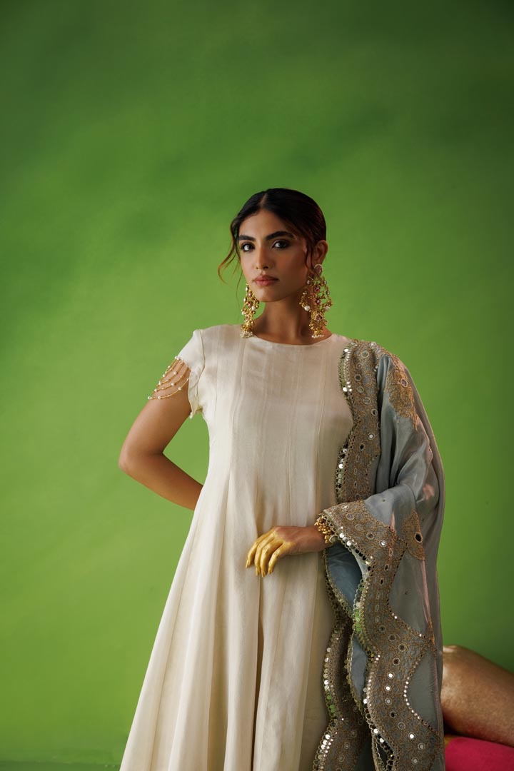 Beige tissue anarkali with blue dupatta