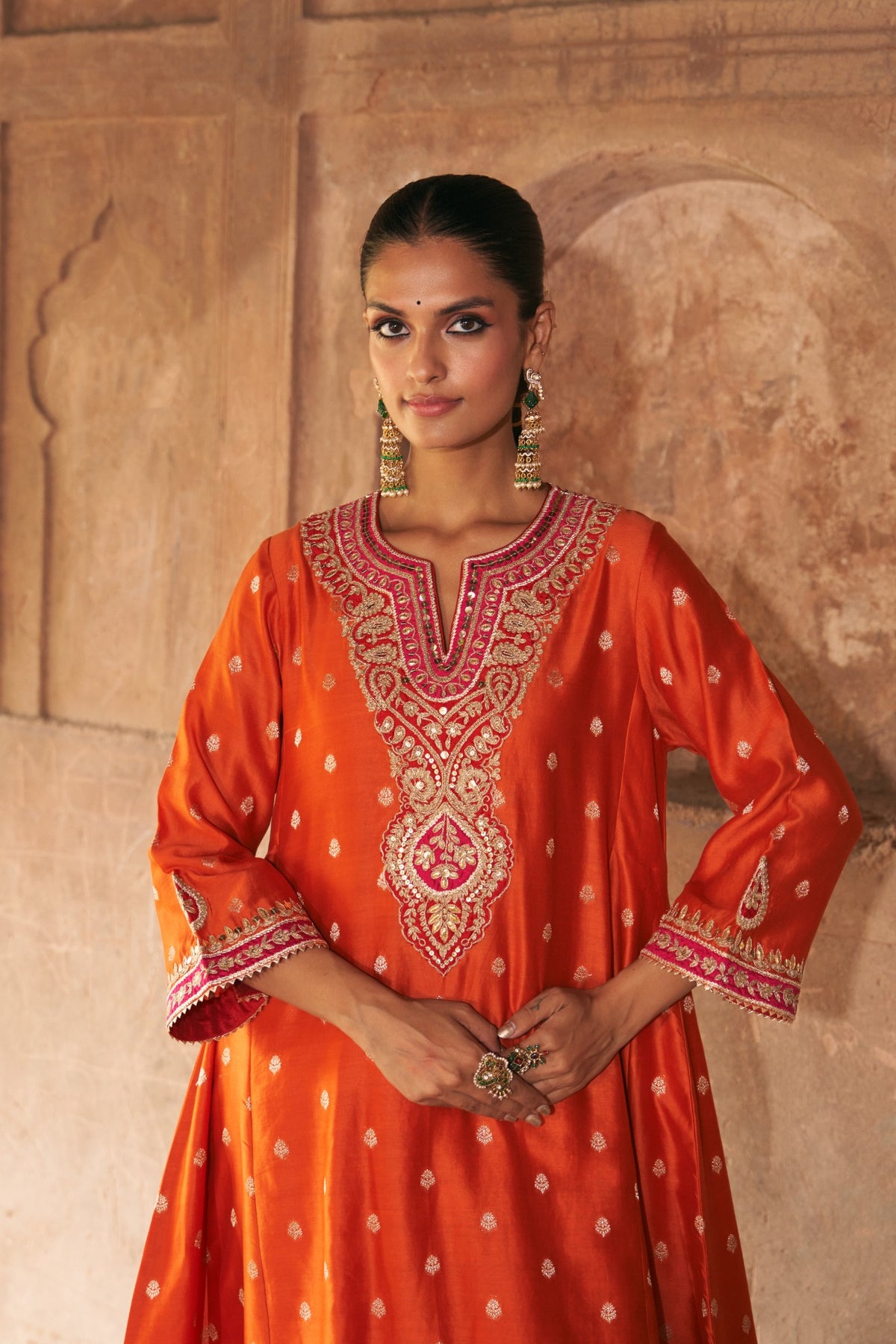 Hafsa Burnt Orange Silk Chanderi Chauga Suit with Dogri Salwar