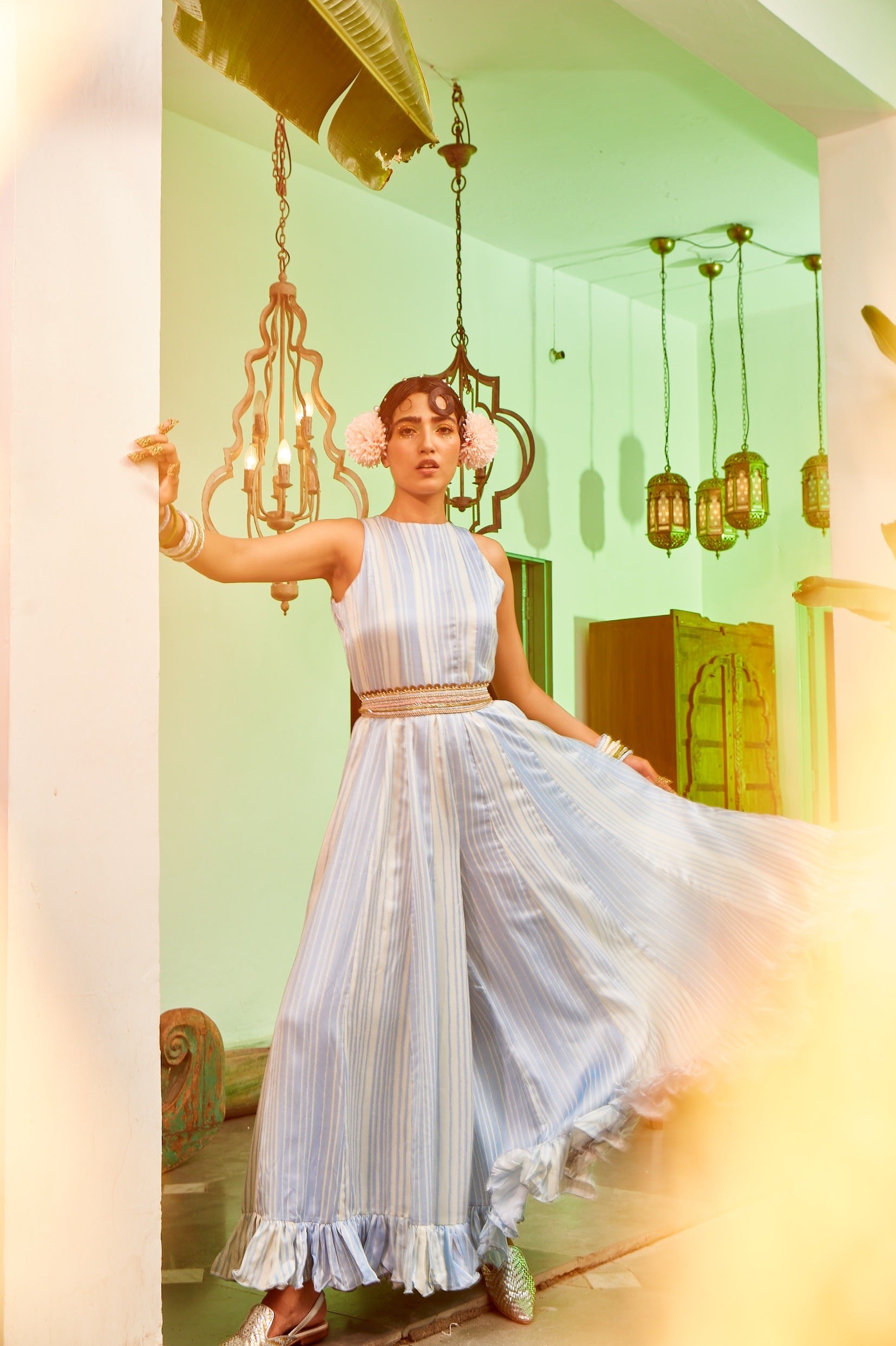 Powder Blue Frill Jumsuit With A Belt.