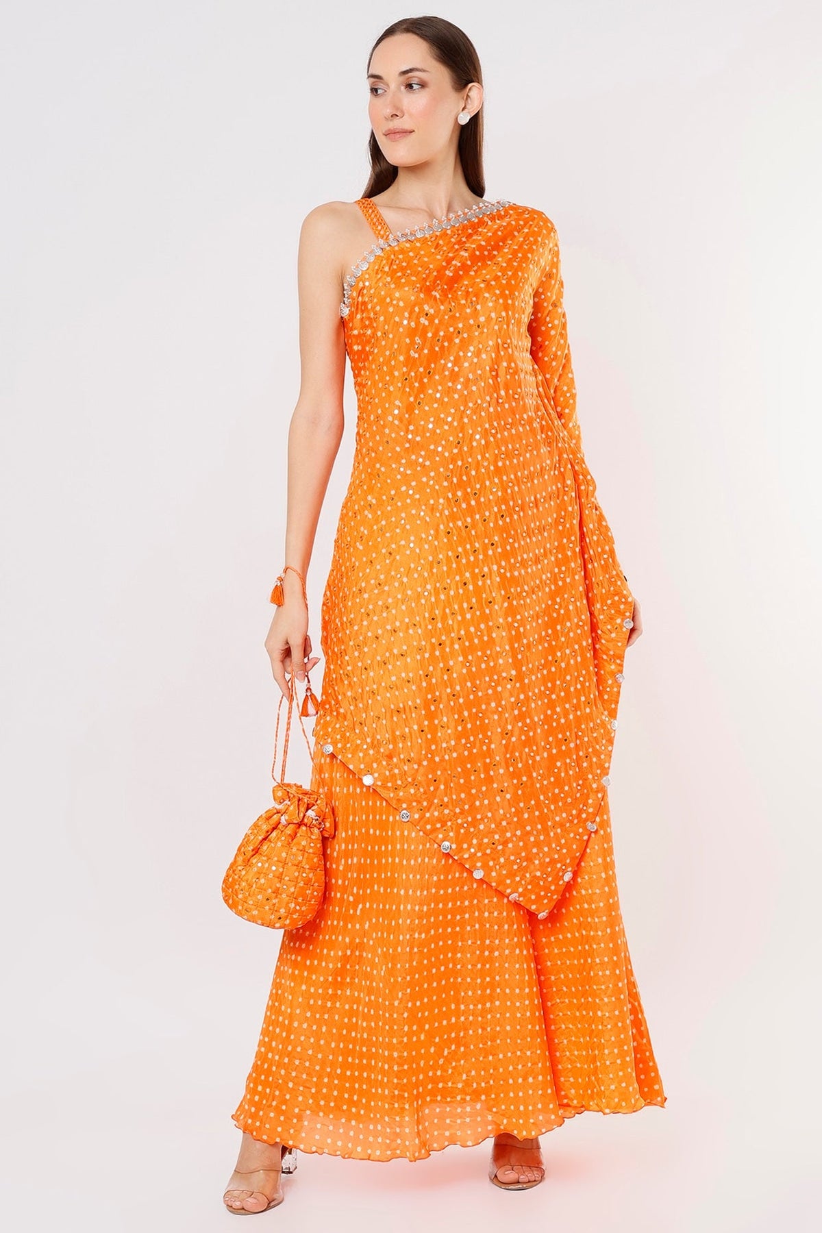 One shoulder bandhni cape and sharara set