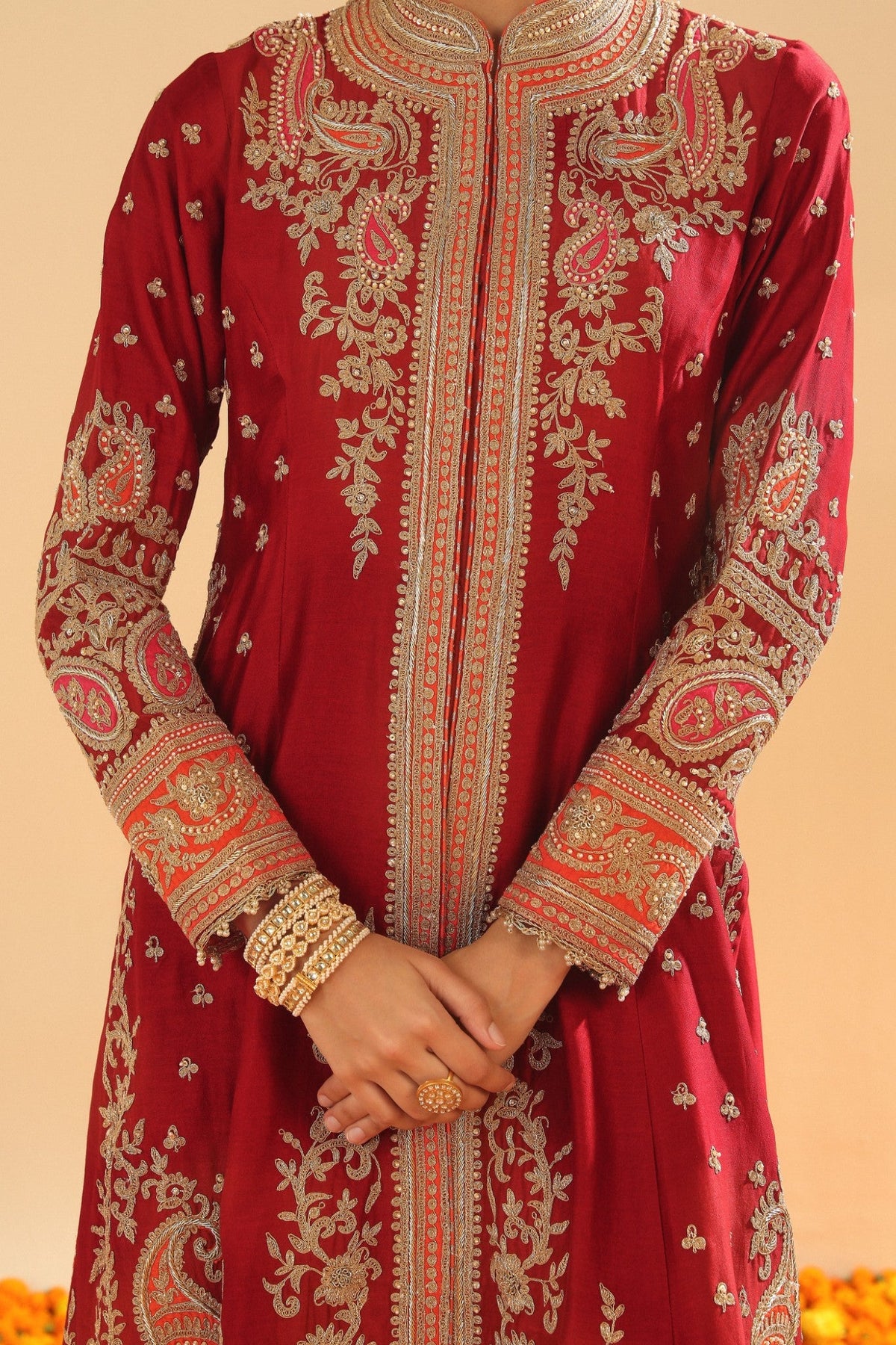 Minara - Deep Red Long A-line Jacket with Pant and Dupatta