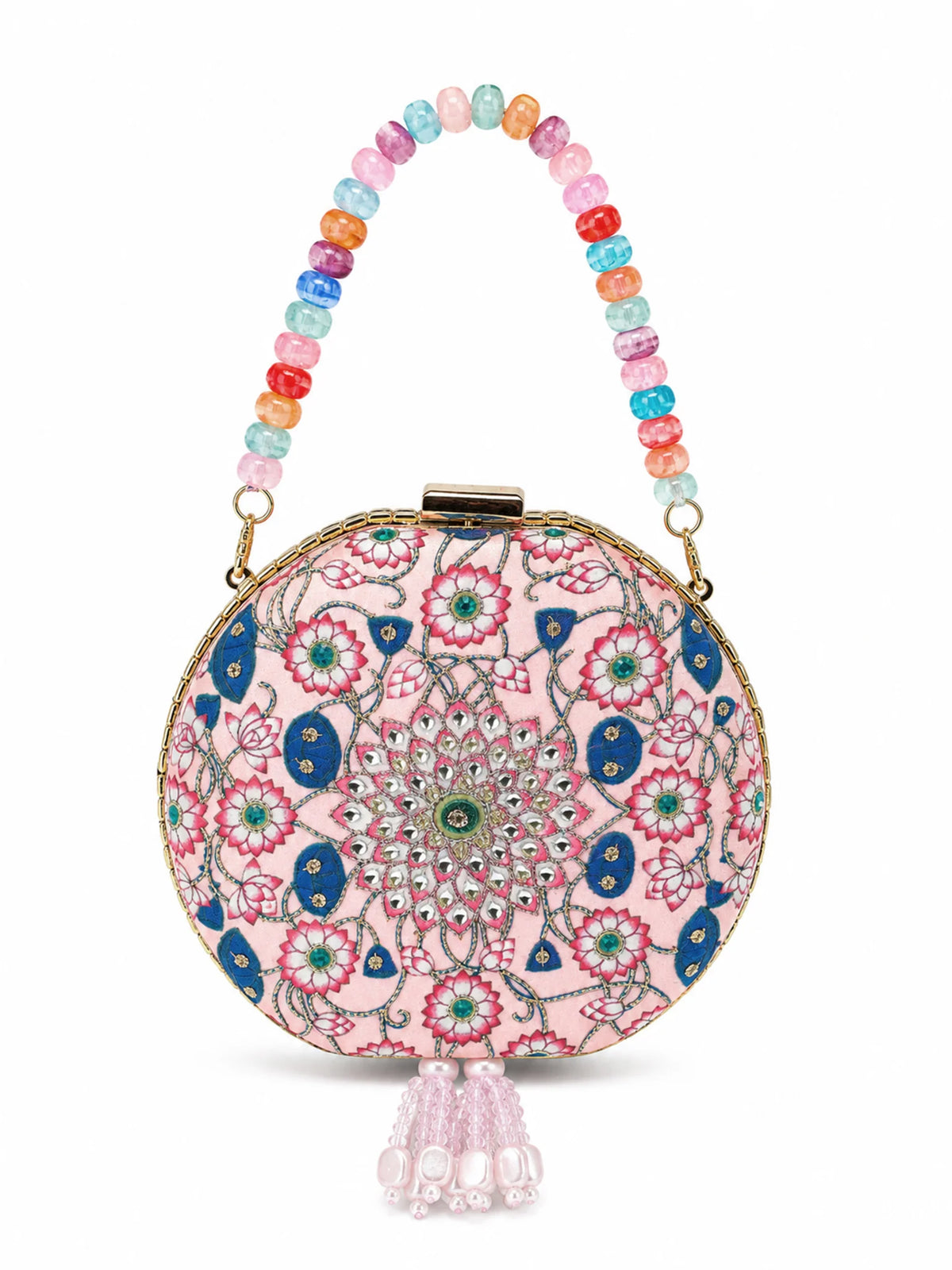 Pink Pichwai Lotus Embellished Round Clutch Bag with Beaded Handle