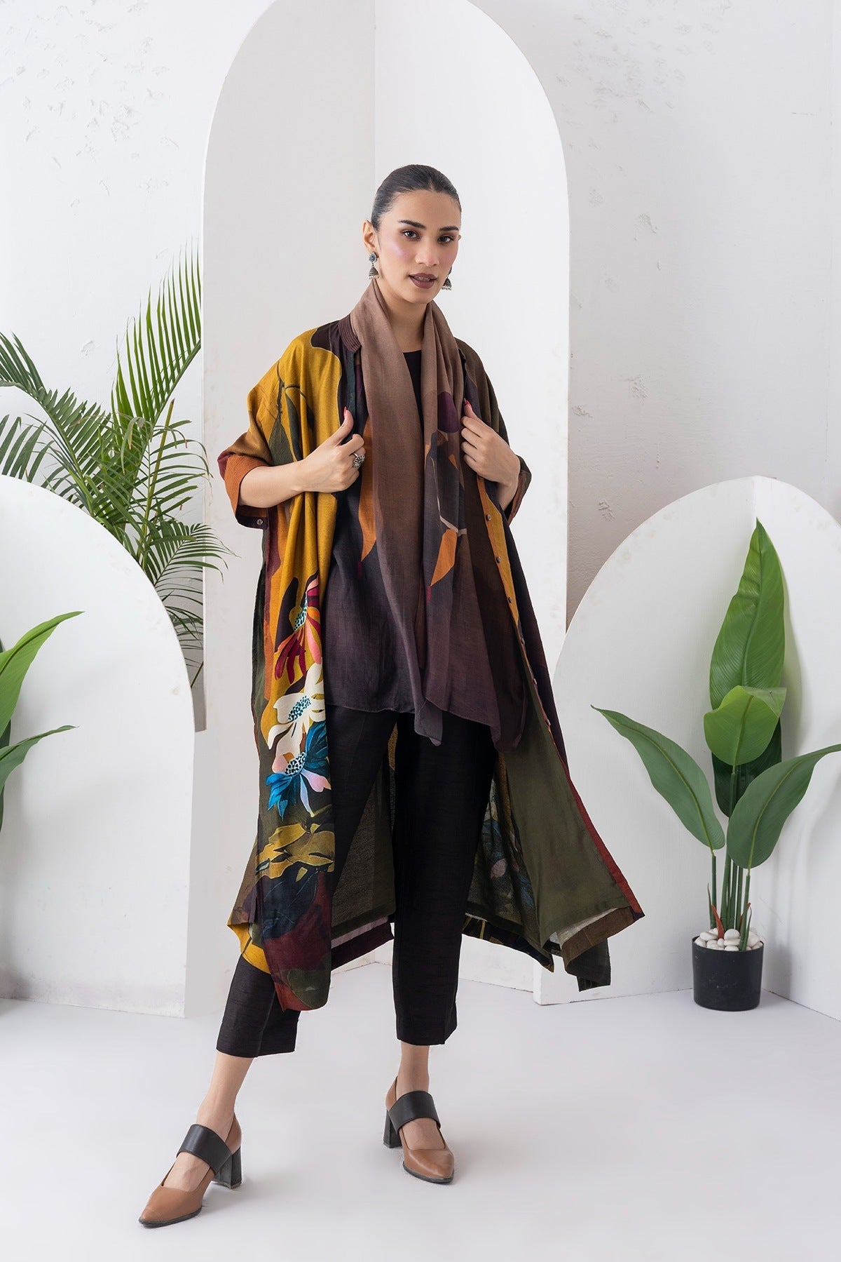 Mustard & Brown Viscose Dupion Printed Kaftan Style Dress Set (3 PCS)