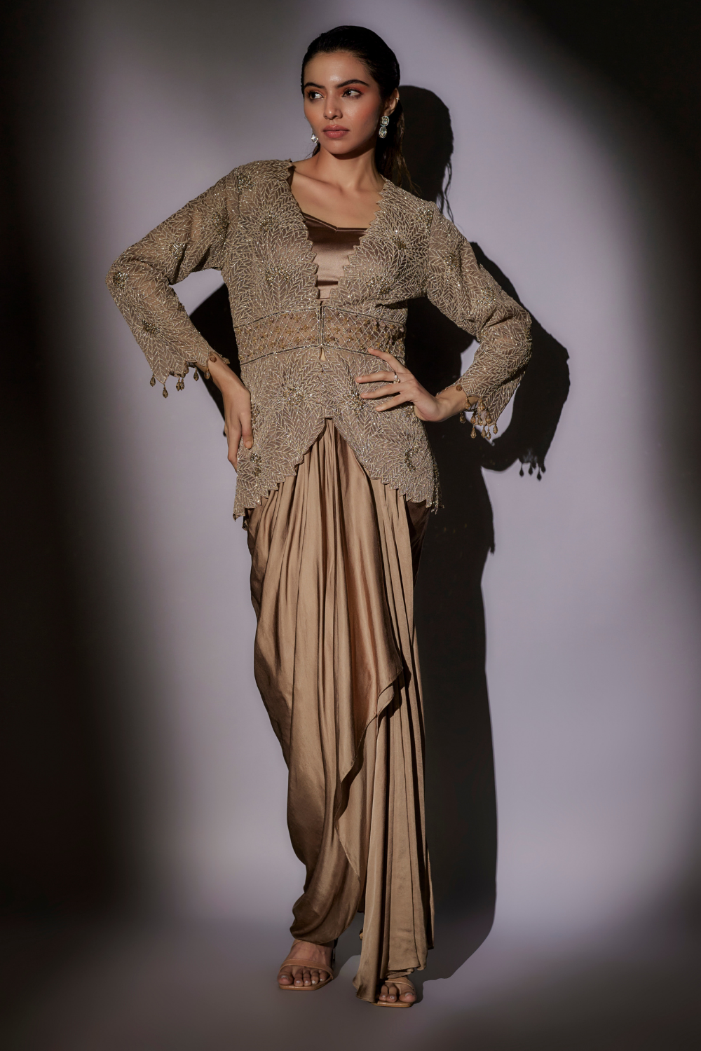 Nia Cape Set - Embroidered Badla Jacket with Fluid Lycra Satin Skirt