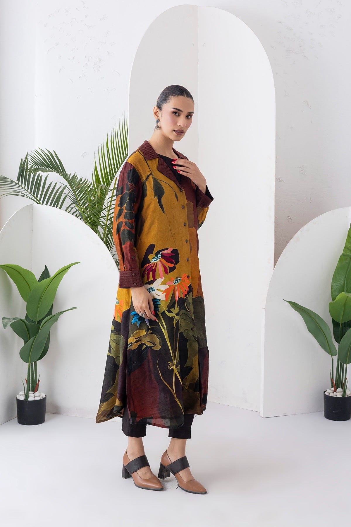 Mustard & Brown Viscose Dupion Printed Front Open Dress Set (3 PCS)