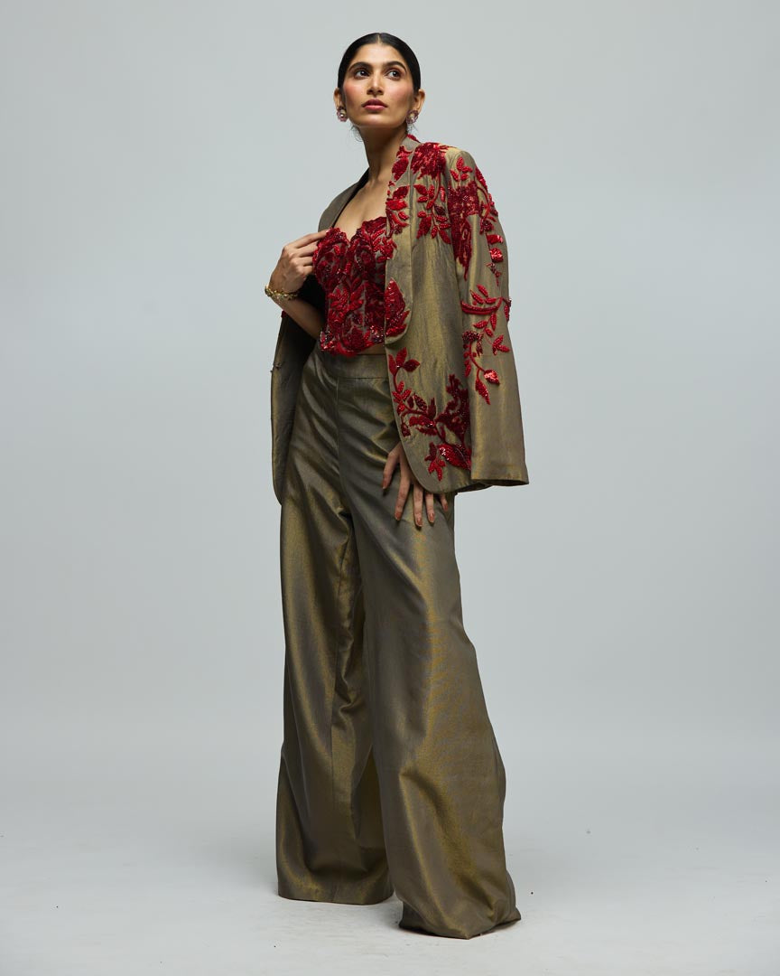 Red Stone Embellished Viscose Satin Jacket Set for Festive Glam