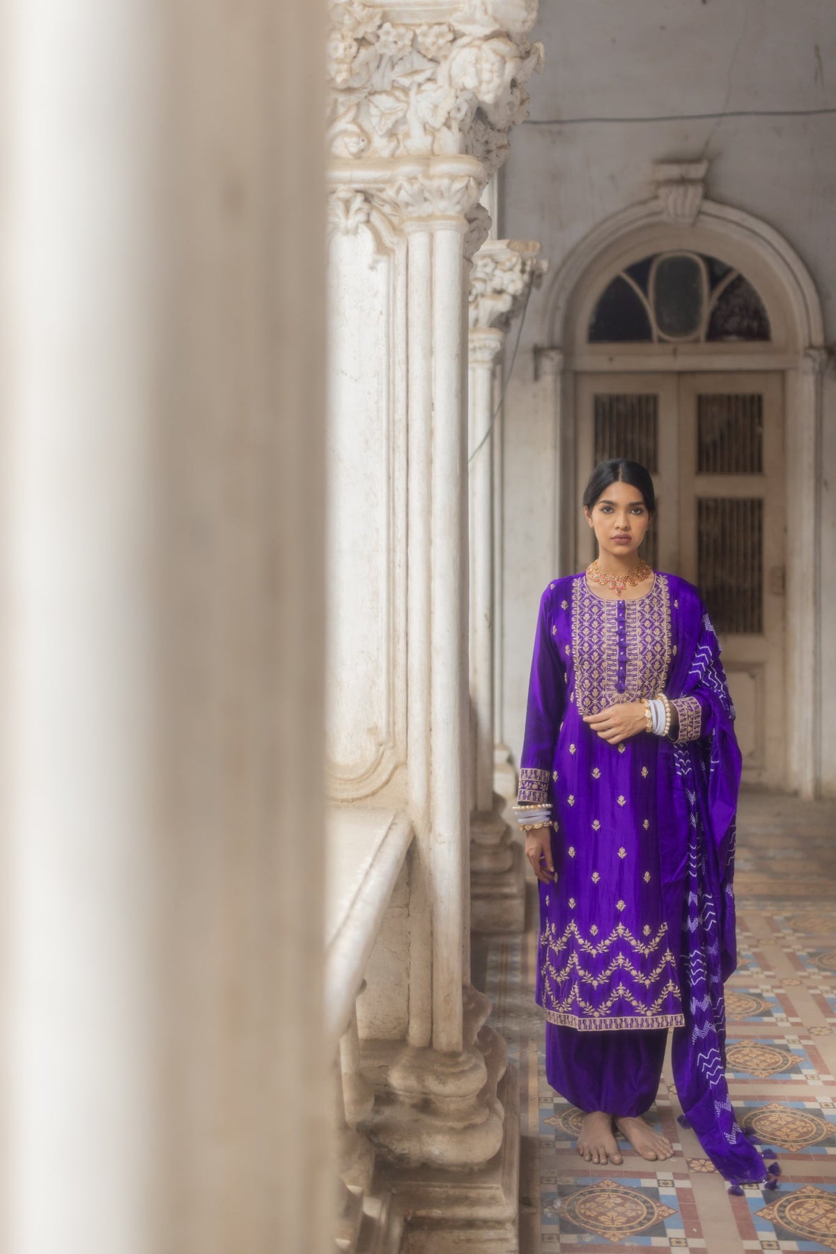 embroidered kurta set with bandhni dupatta