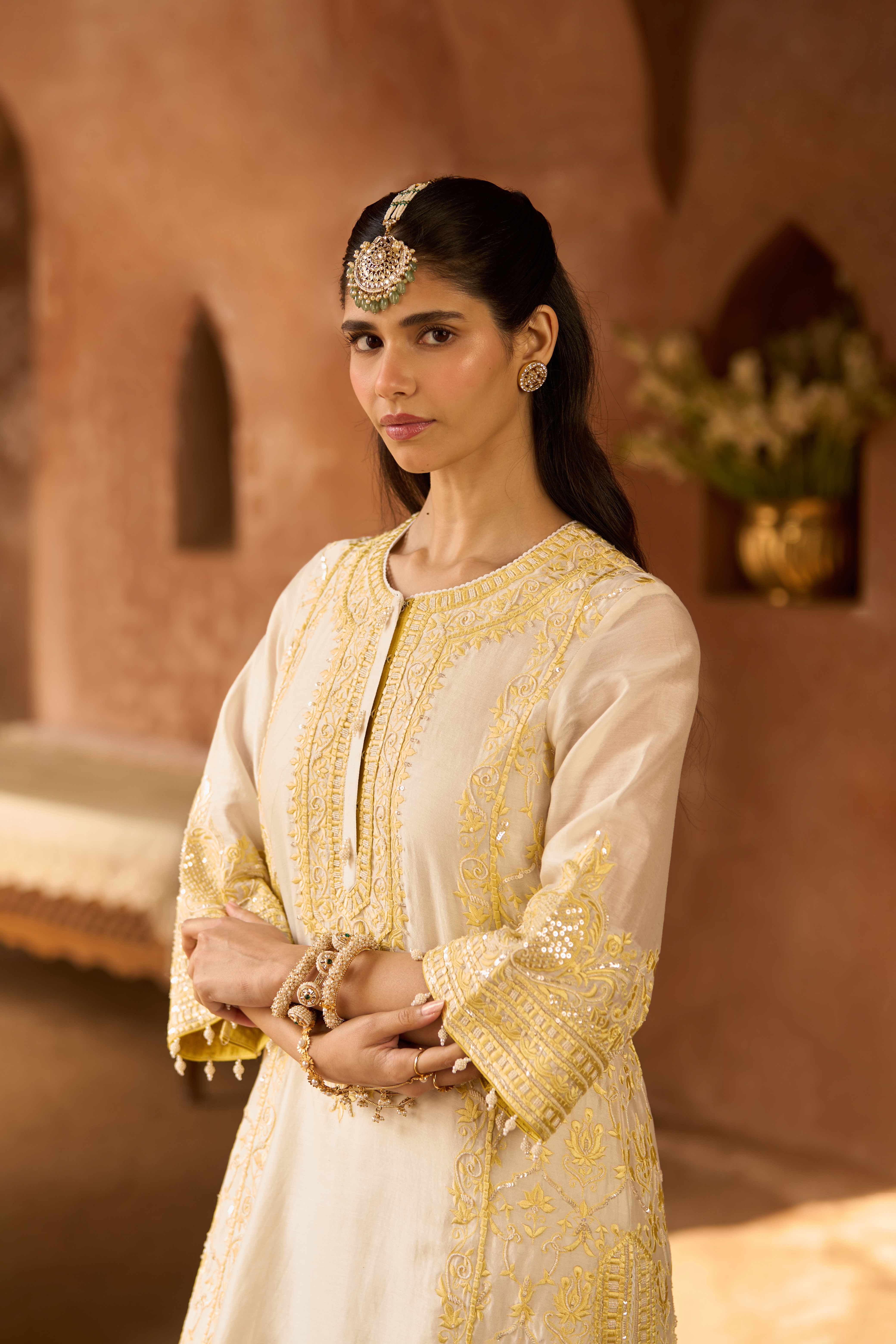 ENA - DAISY IVORY WITH LEMON YELLOW LONG A-LINE KURTA WITH PALAZZO AND DUPATTA