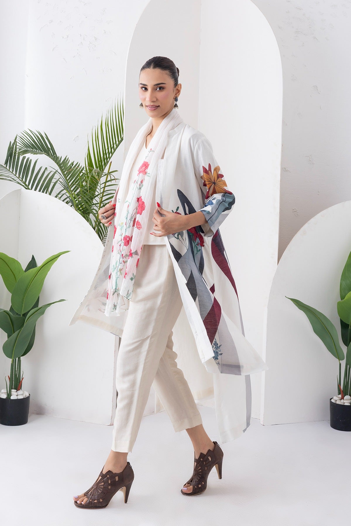 Ivory Silk Chanderi Printed High-Low Dress Set (3 PCS)