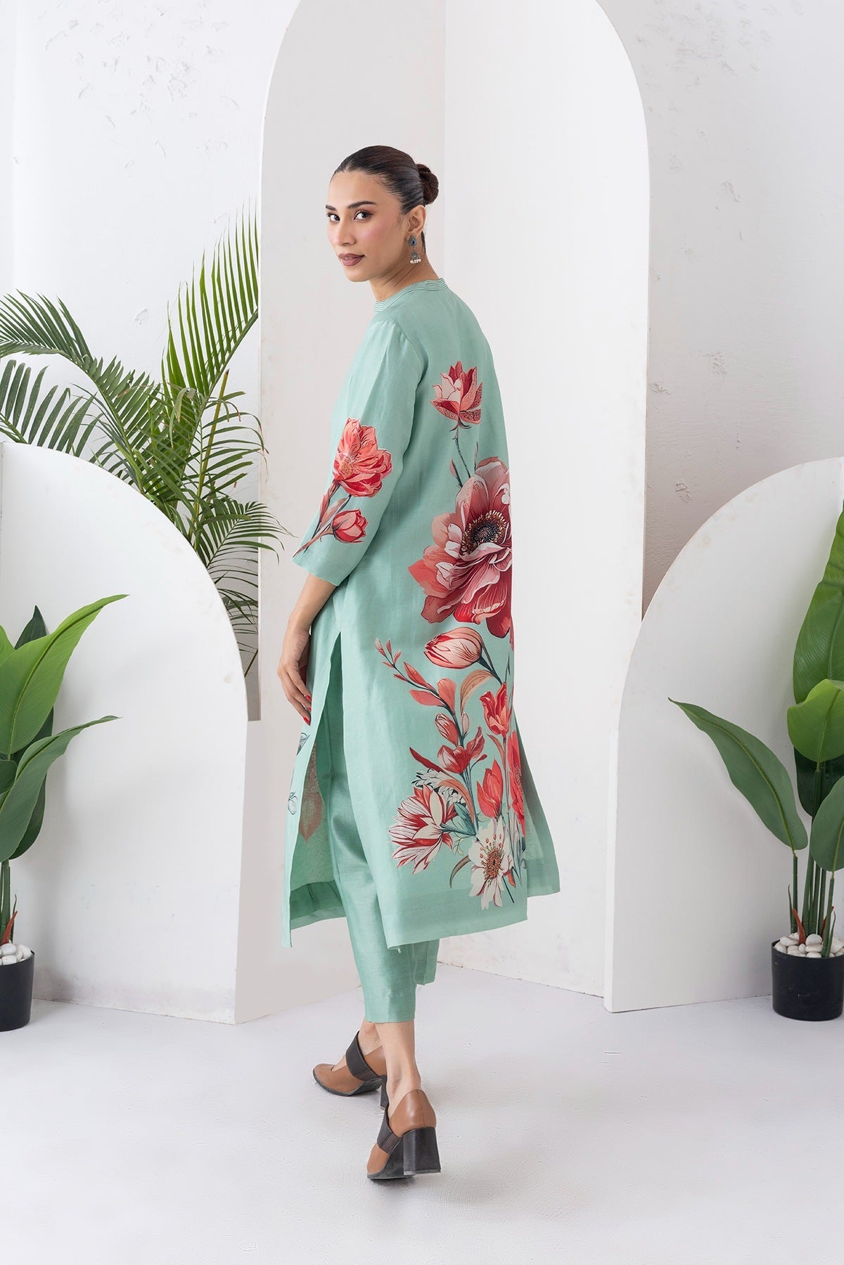 Mint Green Silk Chanderi Bloom-Inspired Printed Tunic Set (2 PCS)