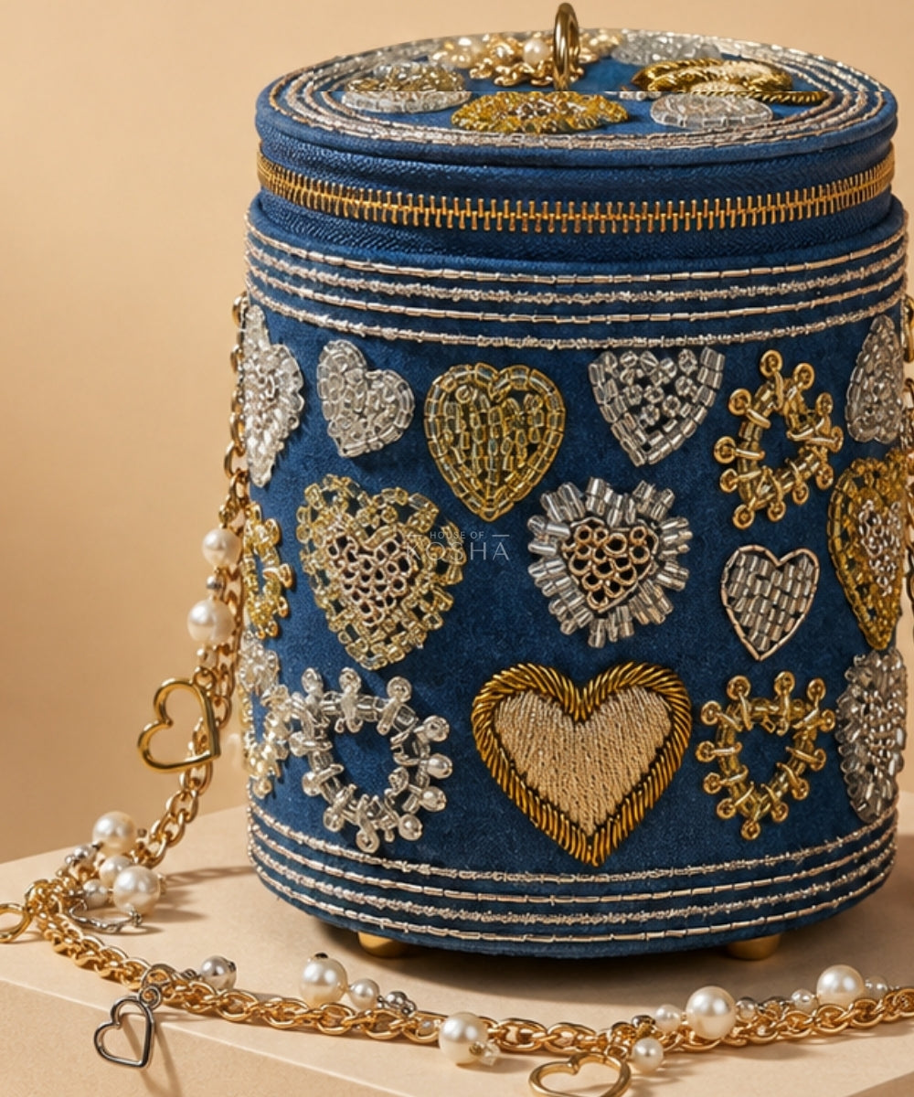 Alizeh Gold & Silver Denim Embroidered Cylinder Mini Bag