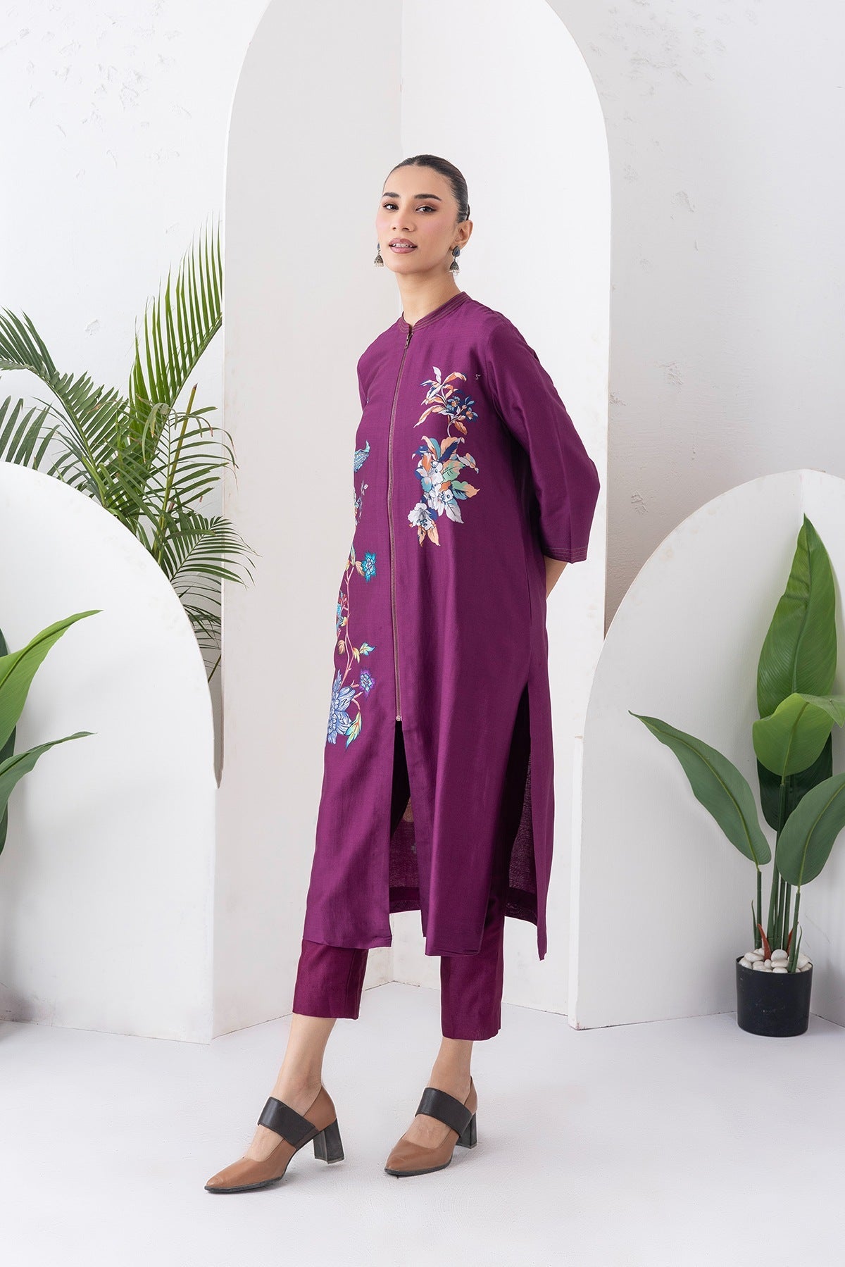 Wine Silk Chanderi Floral Printed Front Open Dress Set (3 PCS)