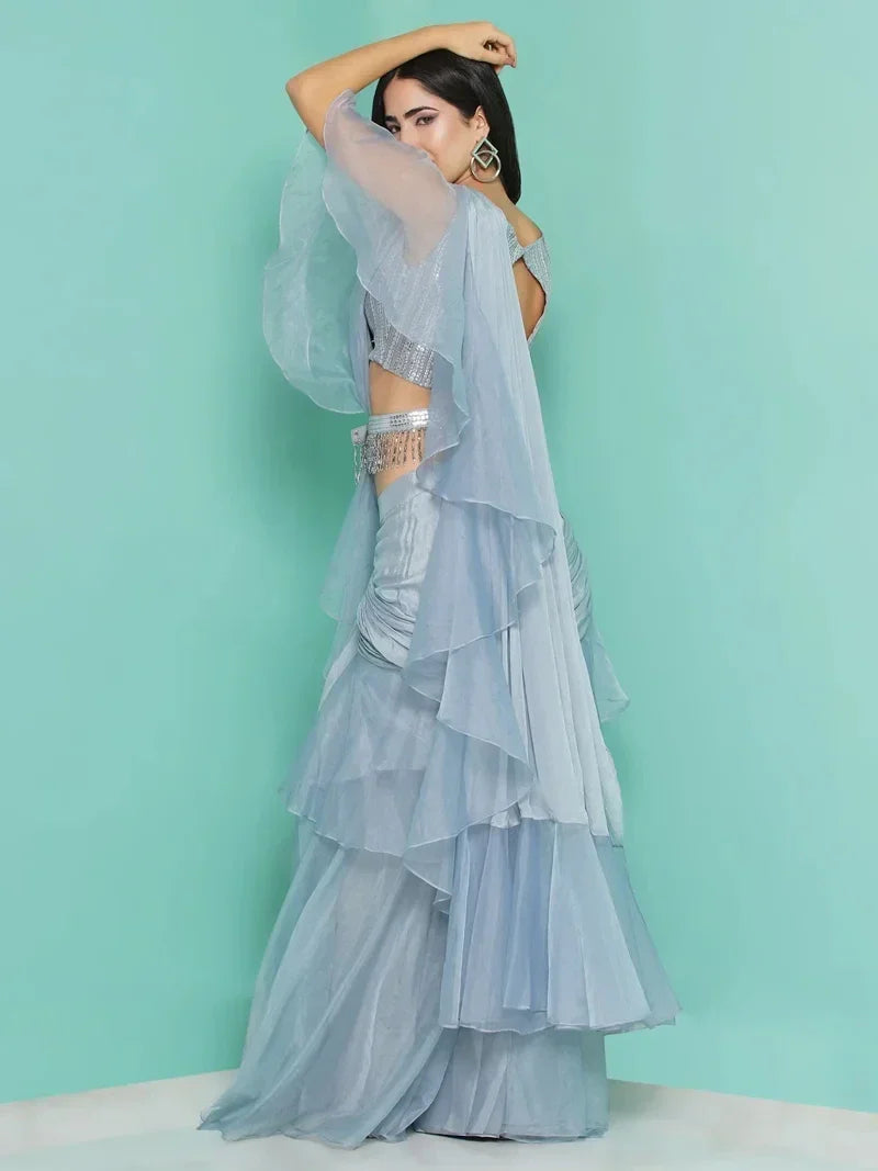 Sequin Saree drape with Organza frill