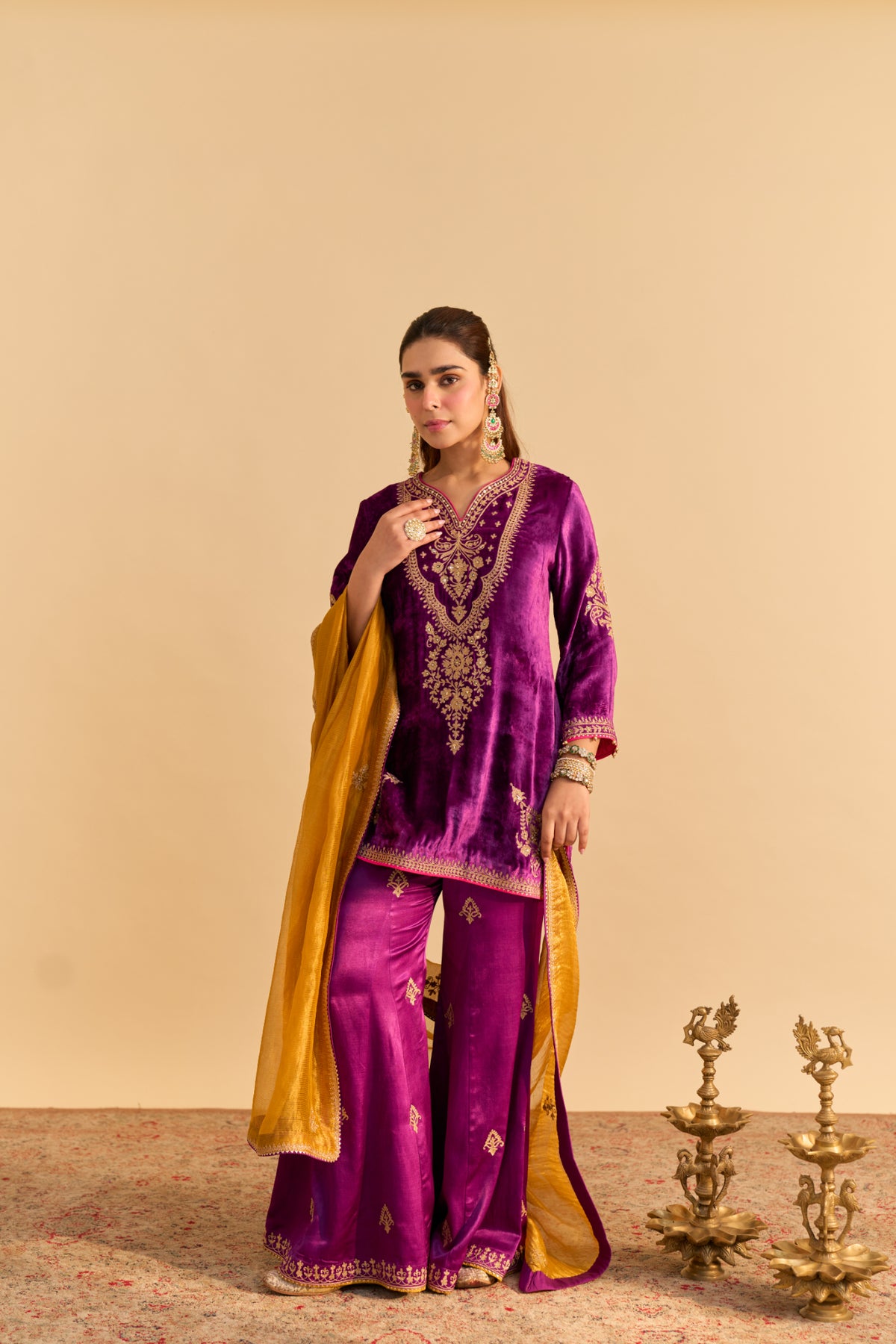 Deep Purple Velvet Kurta Set with Flared Palazzo & Dupatta