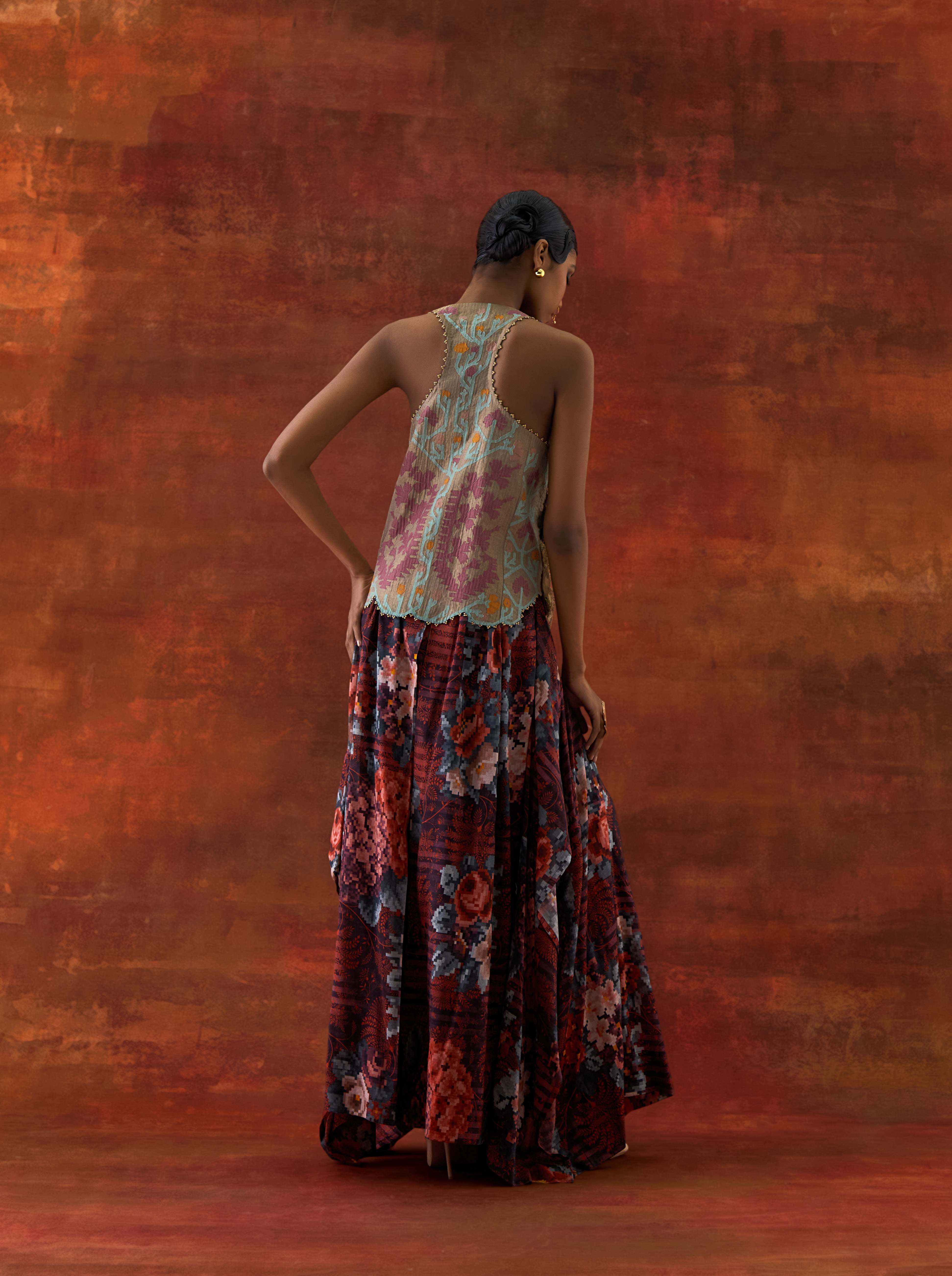 3D FLOWER RACER BACK JACKET + CASCADE SHIRT WITH PRINTED DRAPED SKIRT - image 5