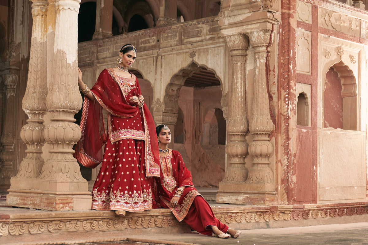 Deep Red Banarasi Short Kurta and Sharara Set with Dupatta