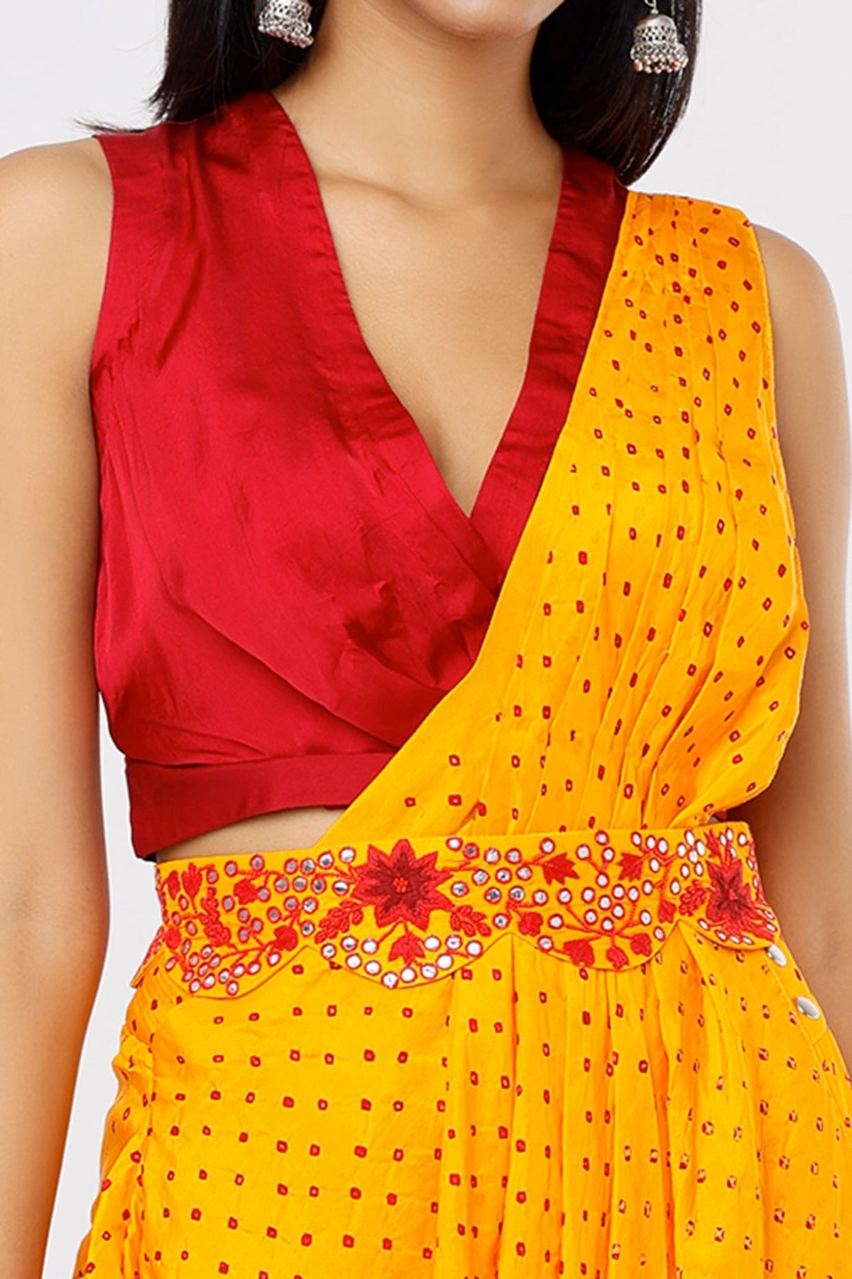 Black red bandhni drape saree