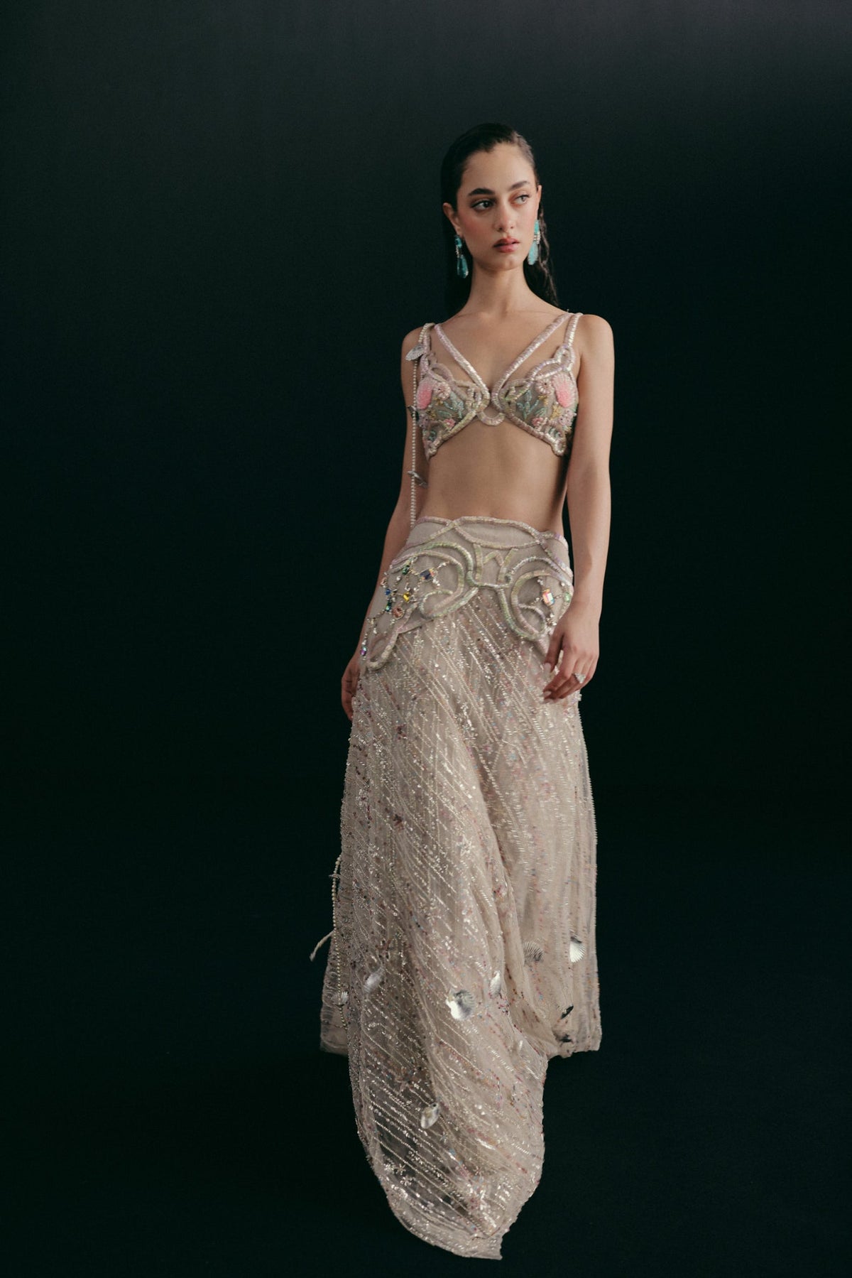 Beaded & Mukaish Embroidery, Tulle & Silk with Lace Detailing, Skirt Set, Crop Silhouette
