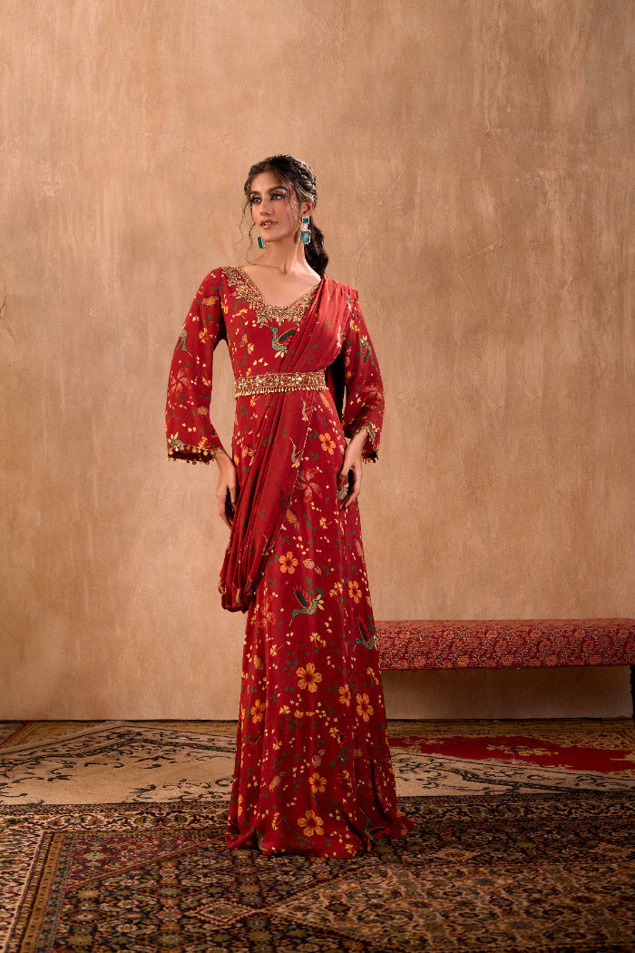 RED PRINT EMBROIDERED ANARKALI WITH DRAPE AND BELT SET - image 5