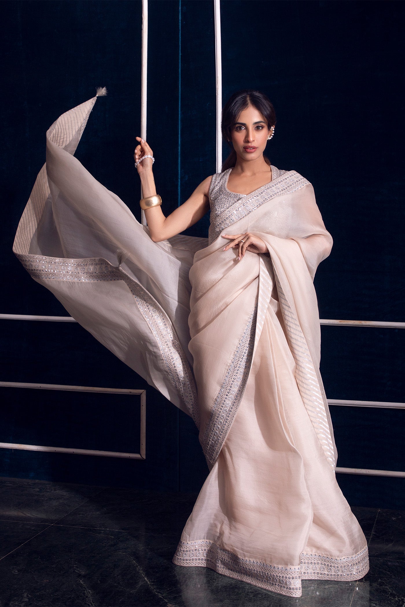 Priya Banerjee in Sand-Beige Embroidered Pure Silk-Organza Saree-Blouse Set