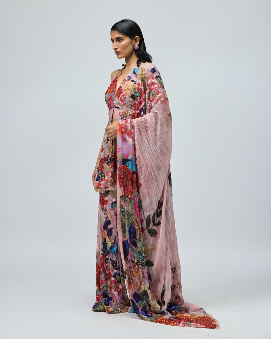 Pink Viscose GGT Halter Neck Sharara Set for Festive Wear
