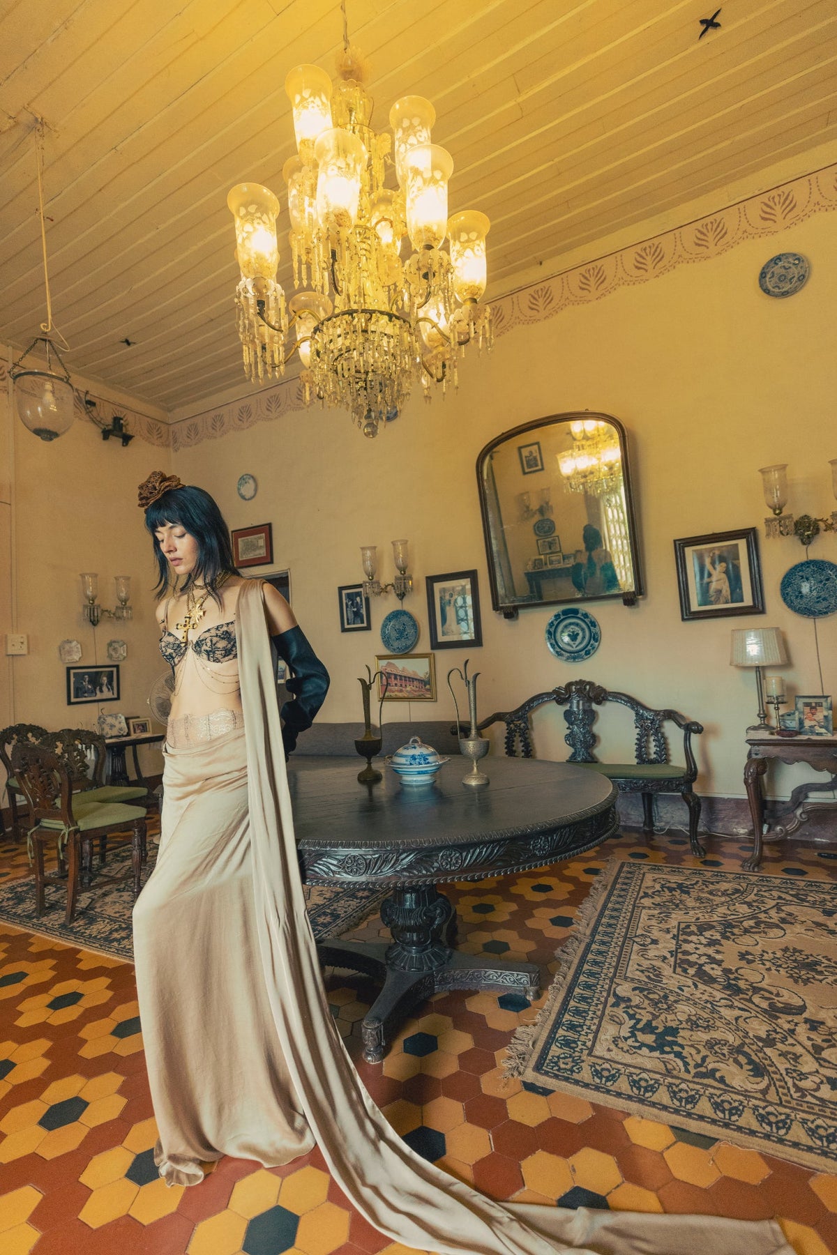 Black & Gold Taupe, Bead Embroidery, Tulle & Silk, Pre-Stitched Sari Set, Bralette Silhouette