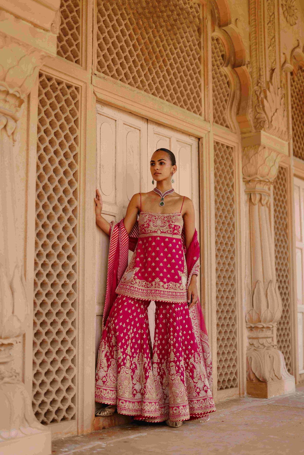Hot Pink Kurta Gharara Set with Embroidered Organza Dupatta