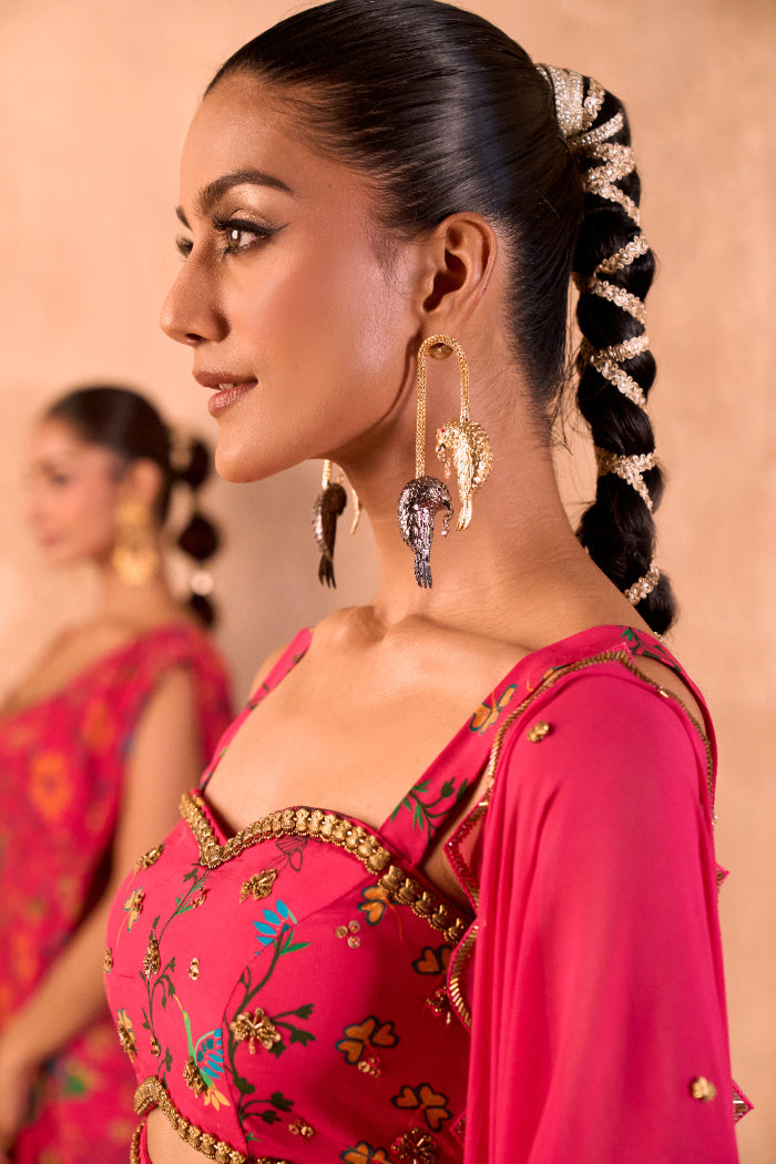 PINK PRINT EMBROIDERED CHOLI, DRAPED SKIRT AND DUPATTA SET - image 5
