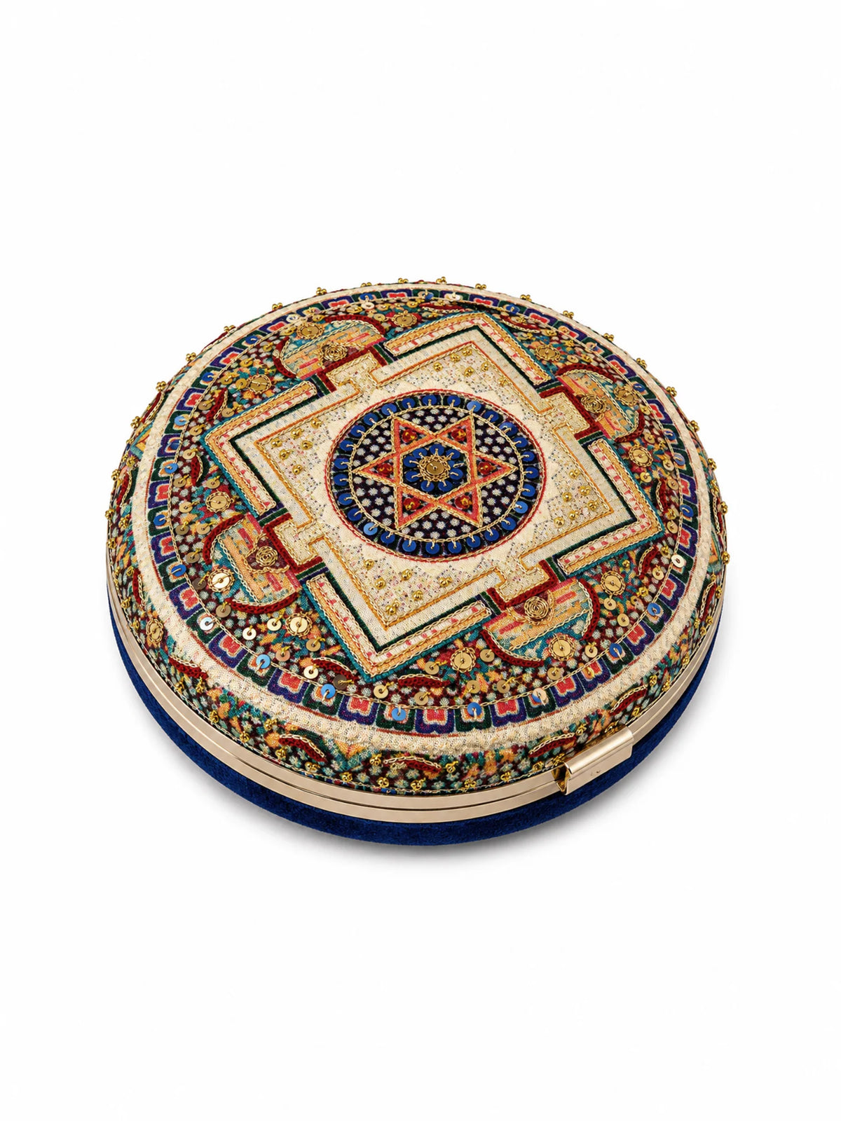 Navy Blue Mandala Embellished Round Clutch Bag with Gold Tassel