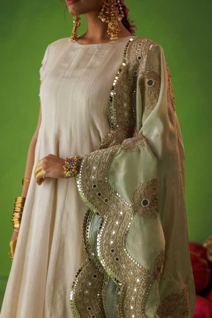 Beige tissue anarkali with pastel olive dupatta