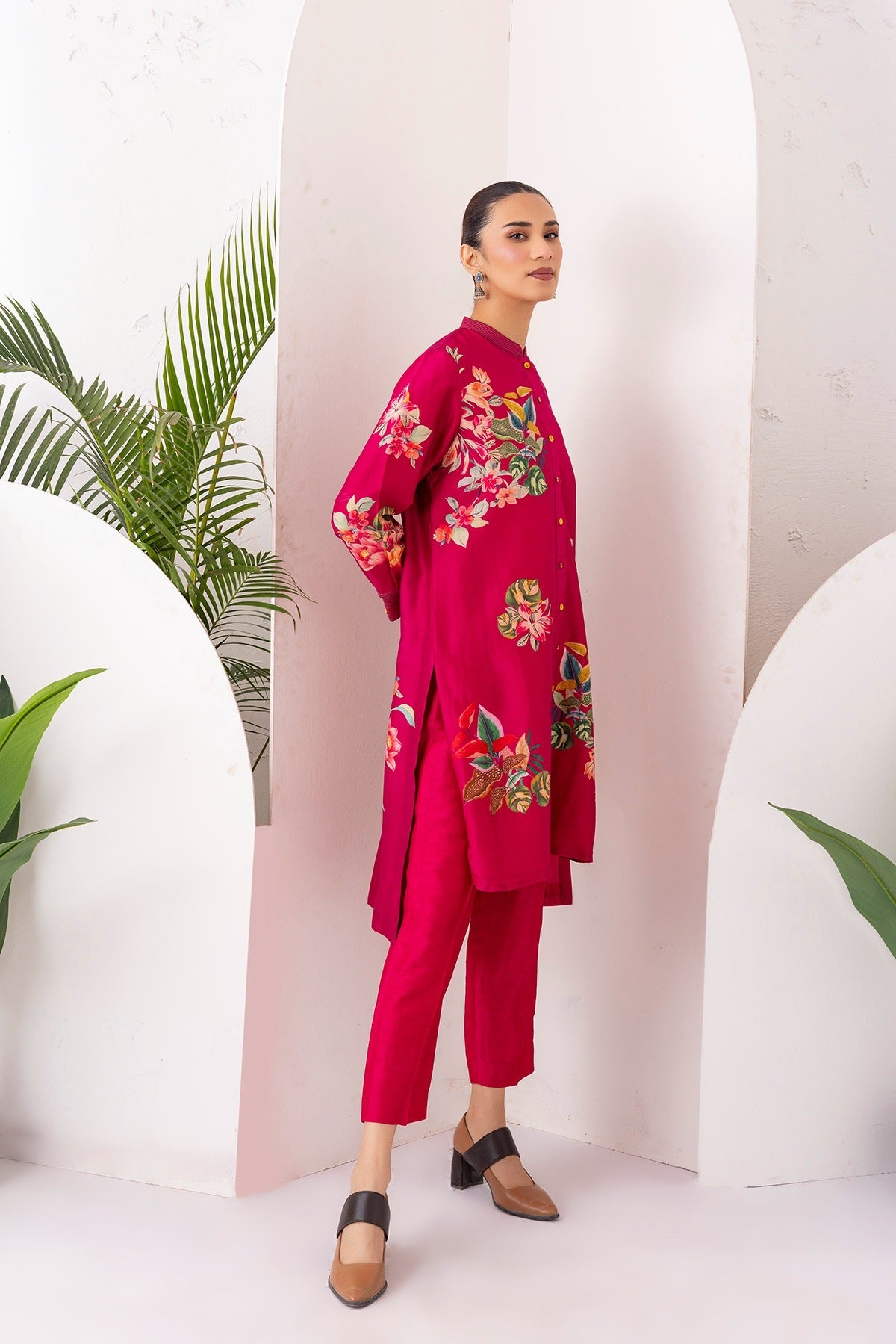 Hot Pink Silk Chanderi Printed Shirt Style Tunic Set (2 PCS)
