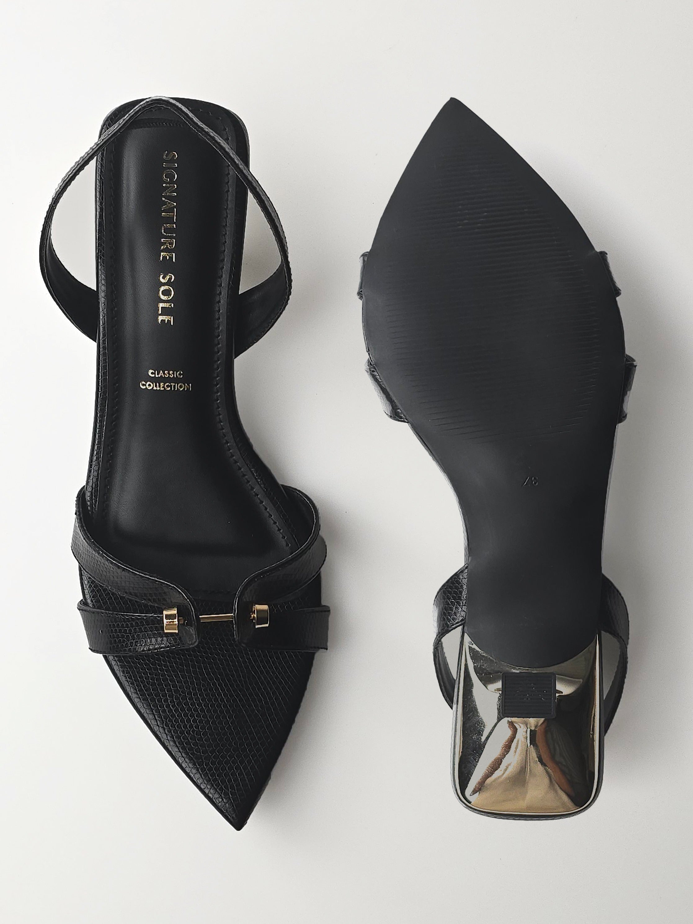 Black Sculptural Gold Heel Slingback