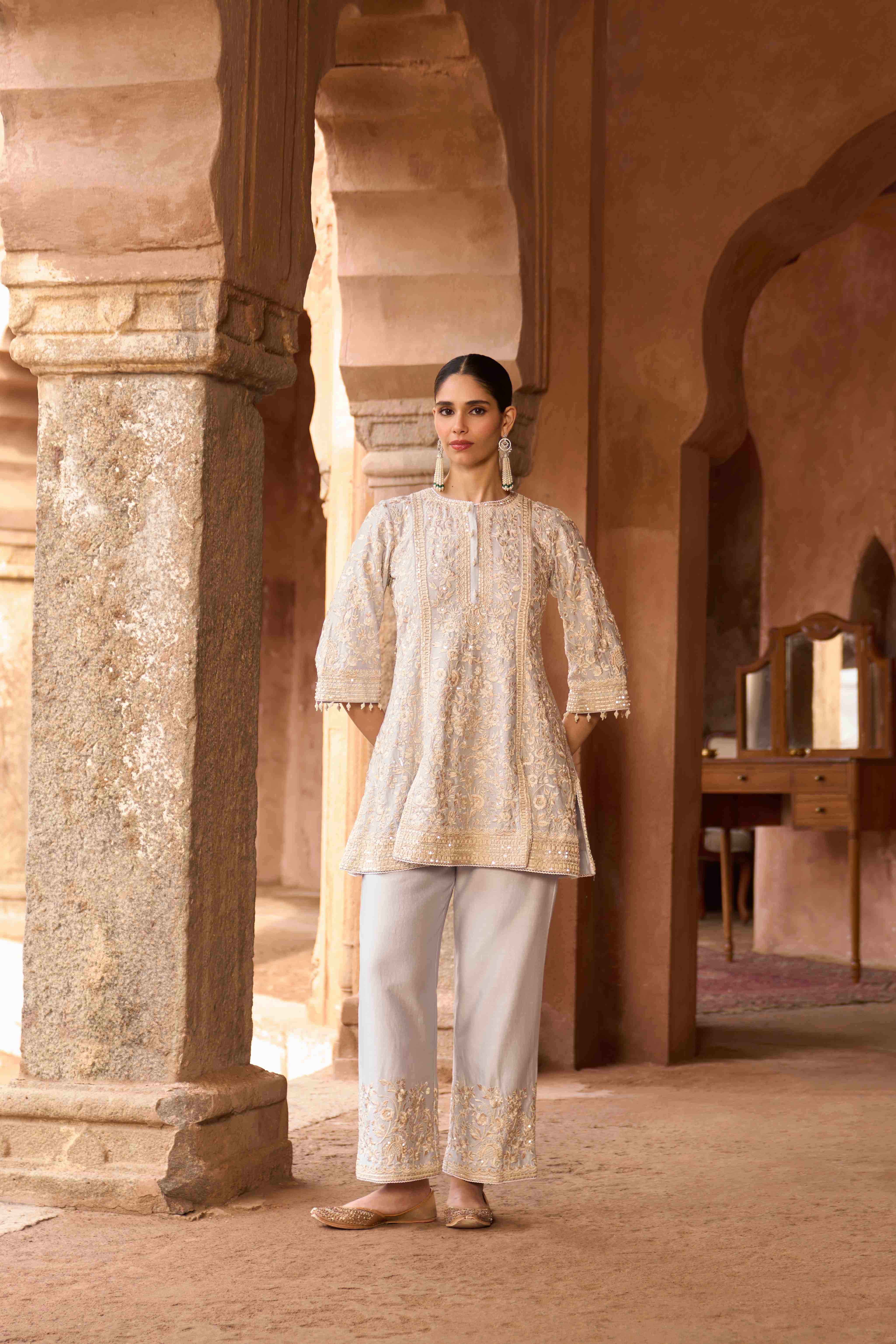 SABOOR - BLUE SHORT A-LINE KURTA WITH STRAIGHT PANTS AND DUPATTA