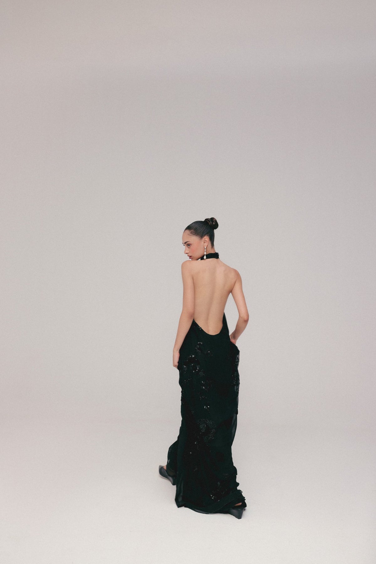 Black, Persian Embroidery, Silk Georgette & Tulle, Full-Length Dress, Sheath Silhouette