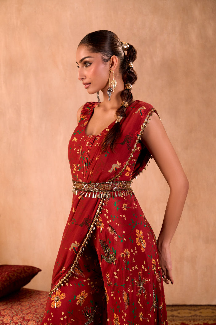 RED PRINT EMBROIDERED JUMPSUIT WITH DRAPE AND BELT SET - image 5