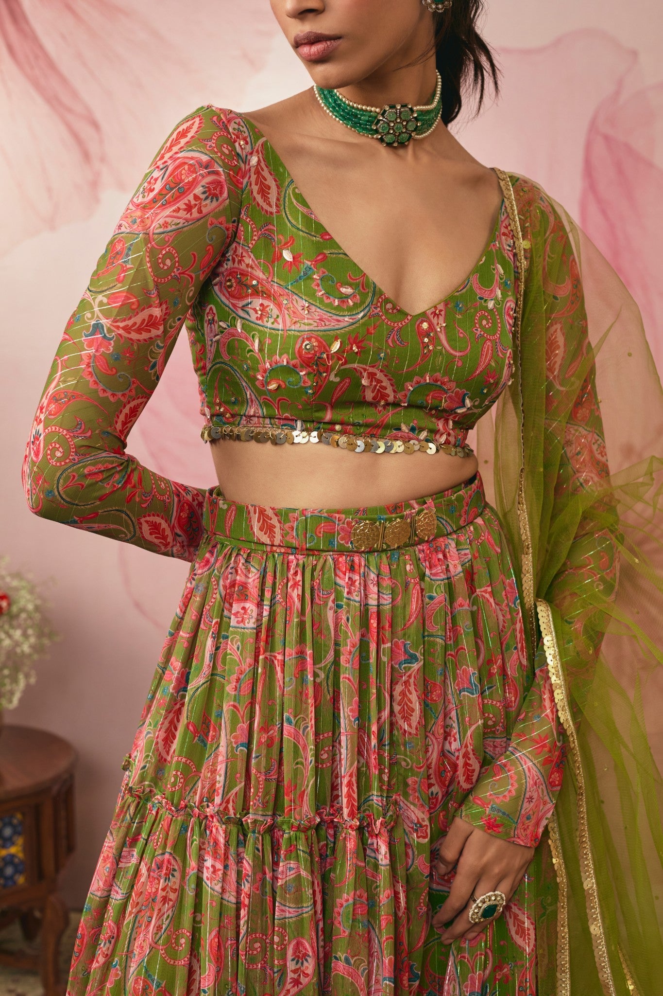 GREEN PAISLEY PRINTED LEHENGA SET