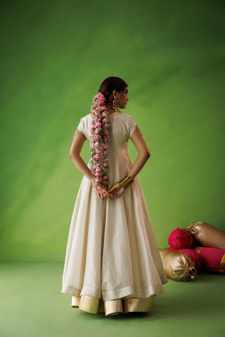 Beige tissue anarkali with pink dupatta