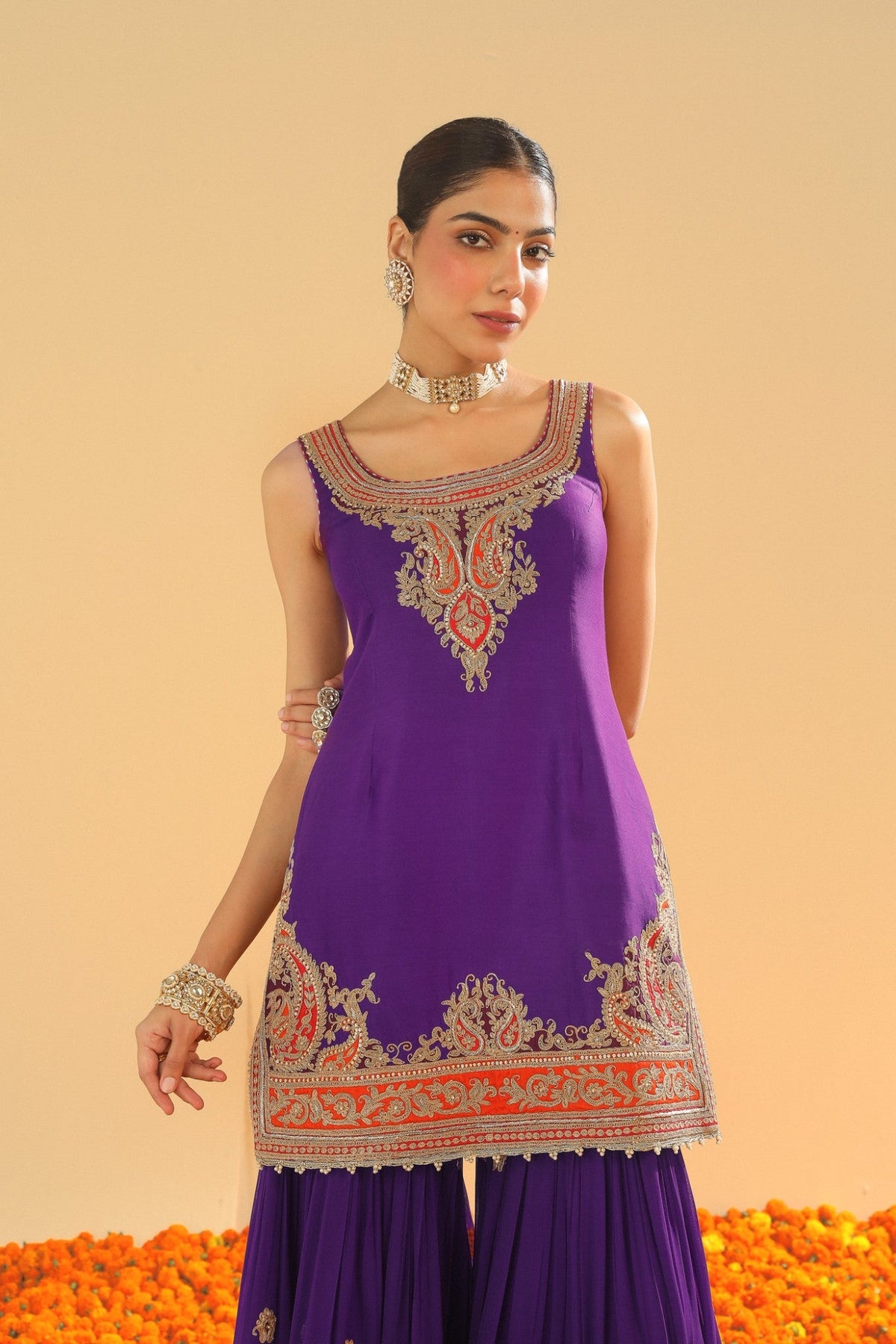 Maziyah - Deep Purple Short Kurta with Garara and Dupatta