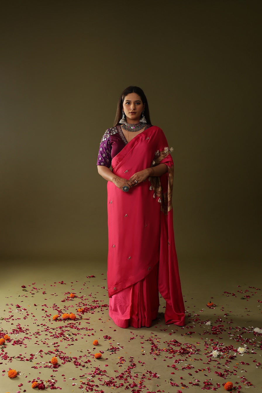 Pink Pre stitched Handpainted Saree set